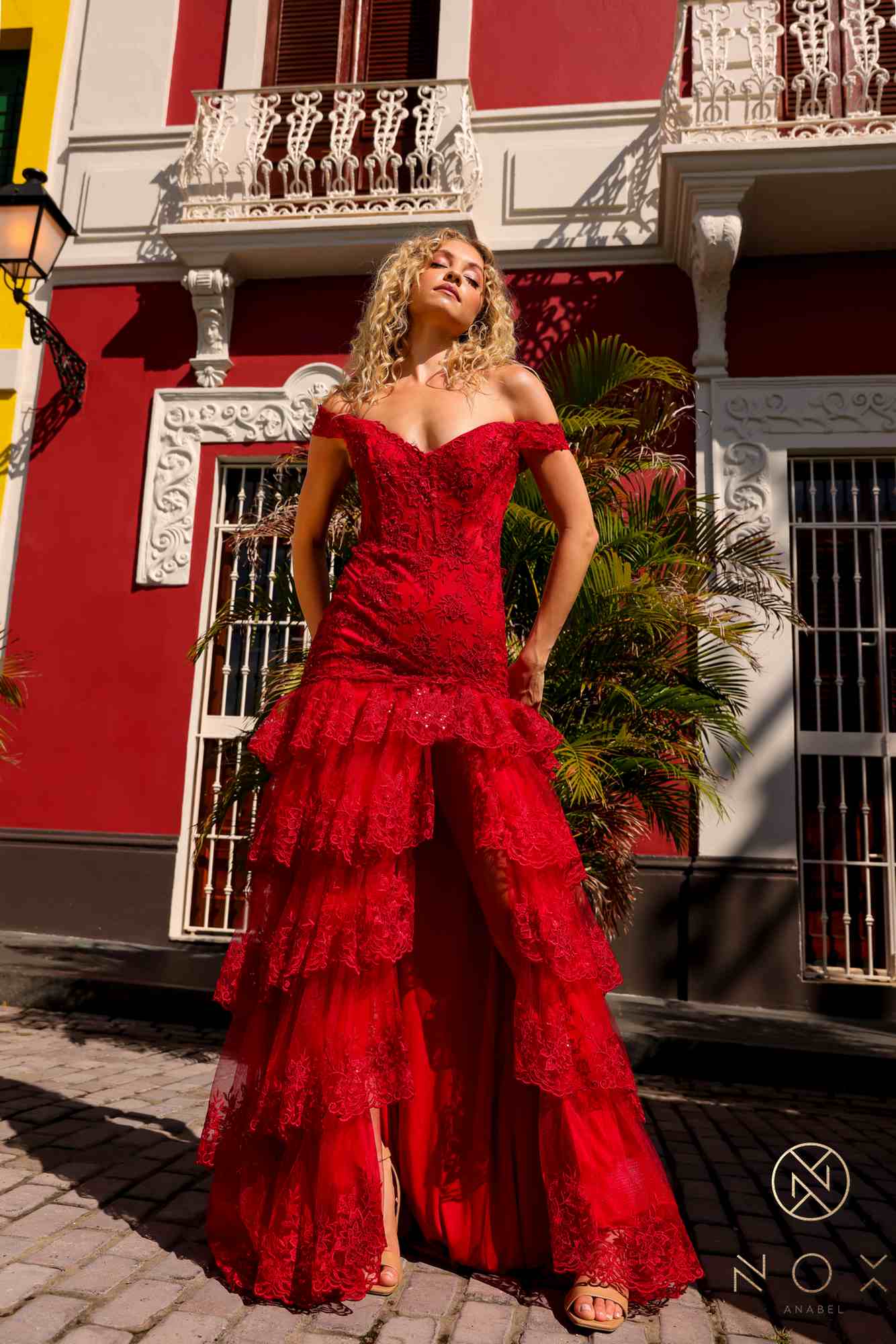 Nox Anabel R1301 Long Layered Tiered Skirt Off Shoulder Corset Dress by DiscountDressShop