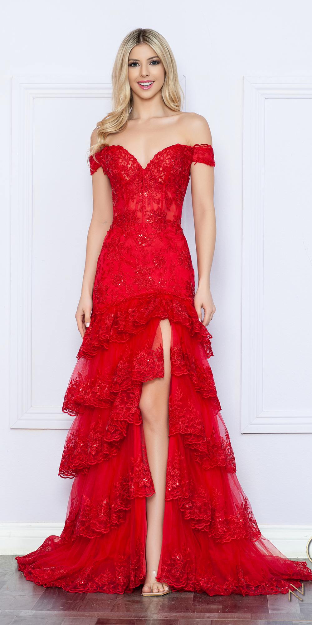 Nox Anabel R1301 Long Layered Tiered Skirt Off Shoulder Corset Dress by DiscountDressShop