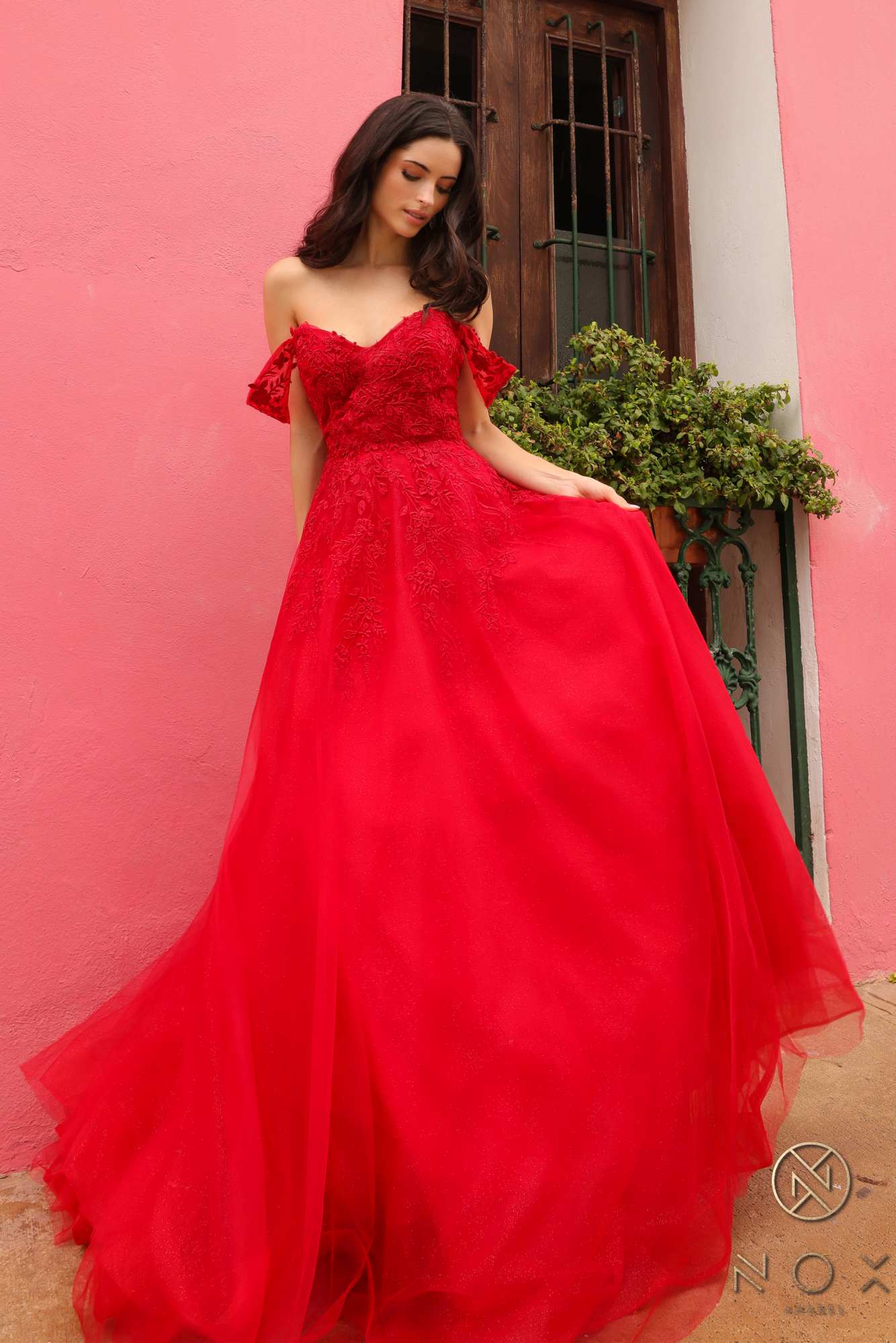Nox Anabel R1303 Long Off the Shoulder Sweetheart Tulle A-Line Gown by DiscountDressShop