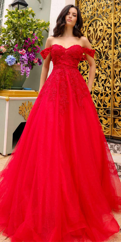 Nox Anabel R1303 Long Off the Shoulder Sweetheart Tulle A-Line Gown by DiscountDressShop