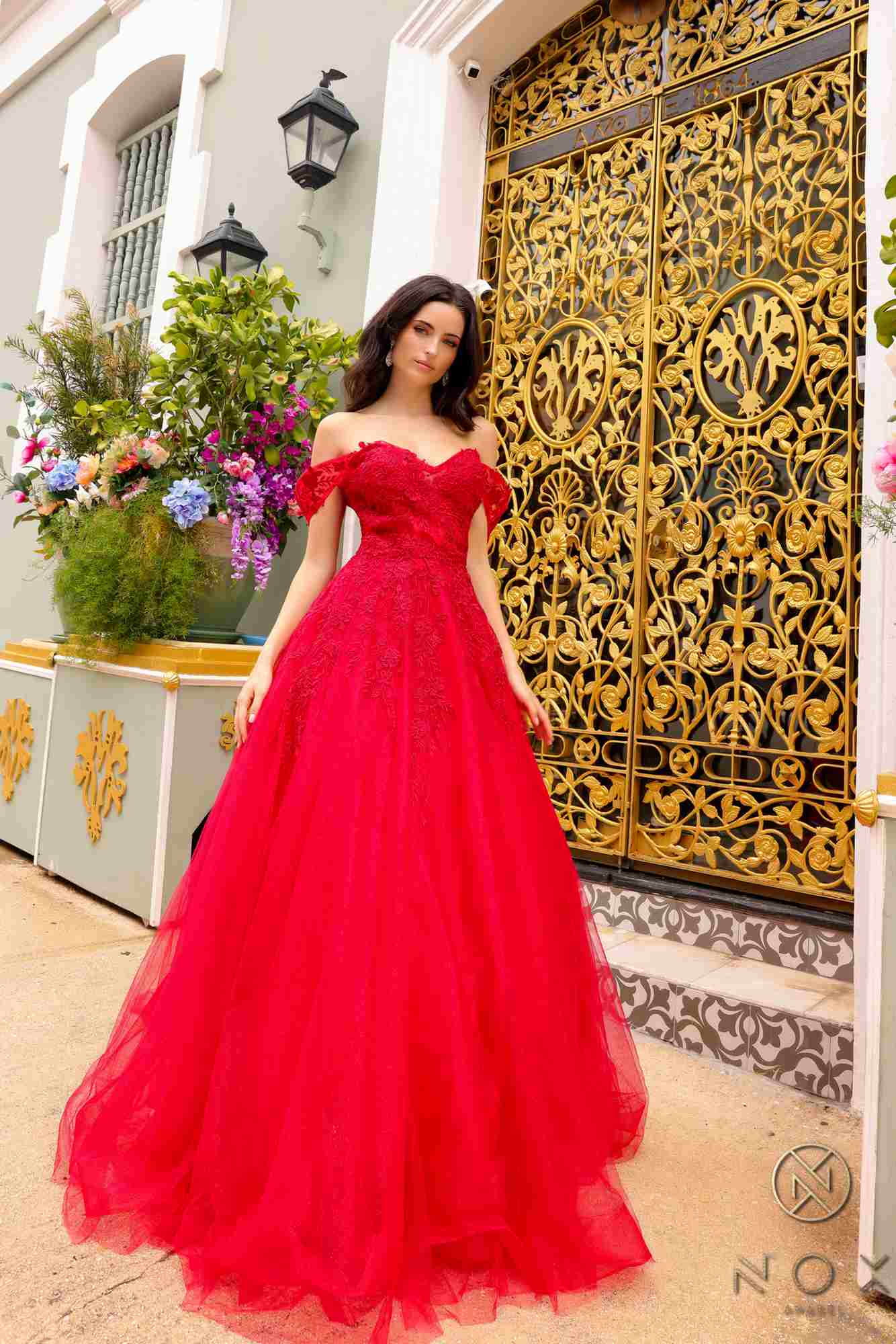 Nox Anabel R1303 Long Off the Shoulder Sweetheart Tulle A-Line Gown by DiscountDressShop