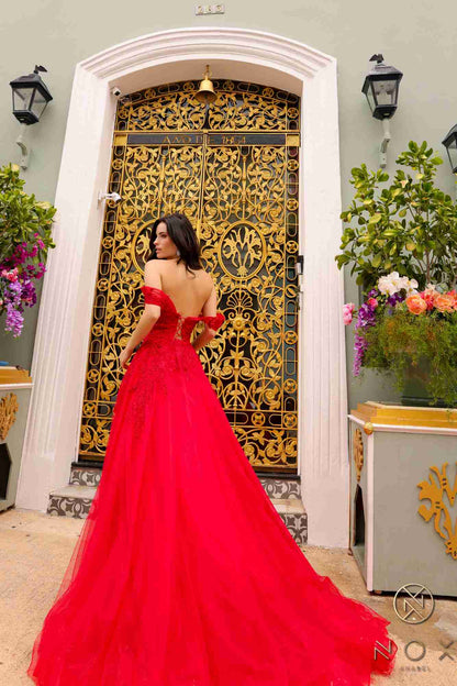 Nox Anabel R1303 Long Off the Shoulder Sweetheart Tulle A-Line Gown by DiscountDressShop