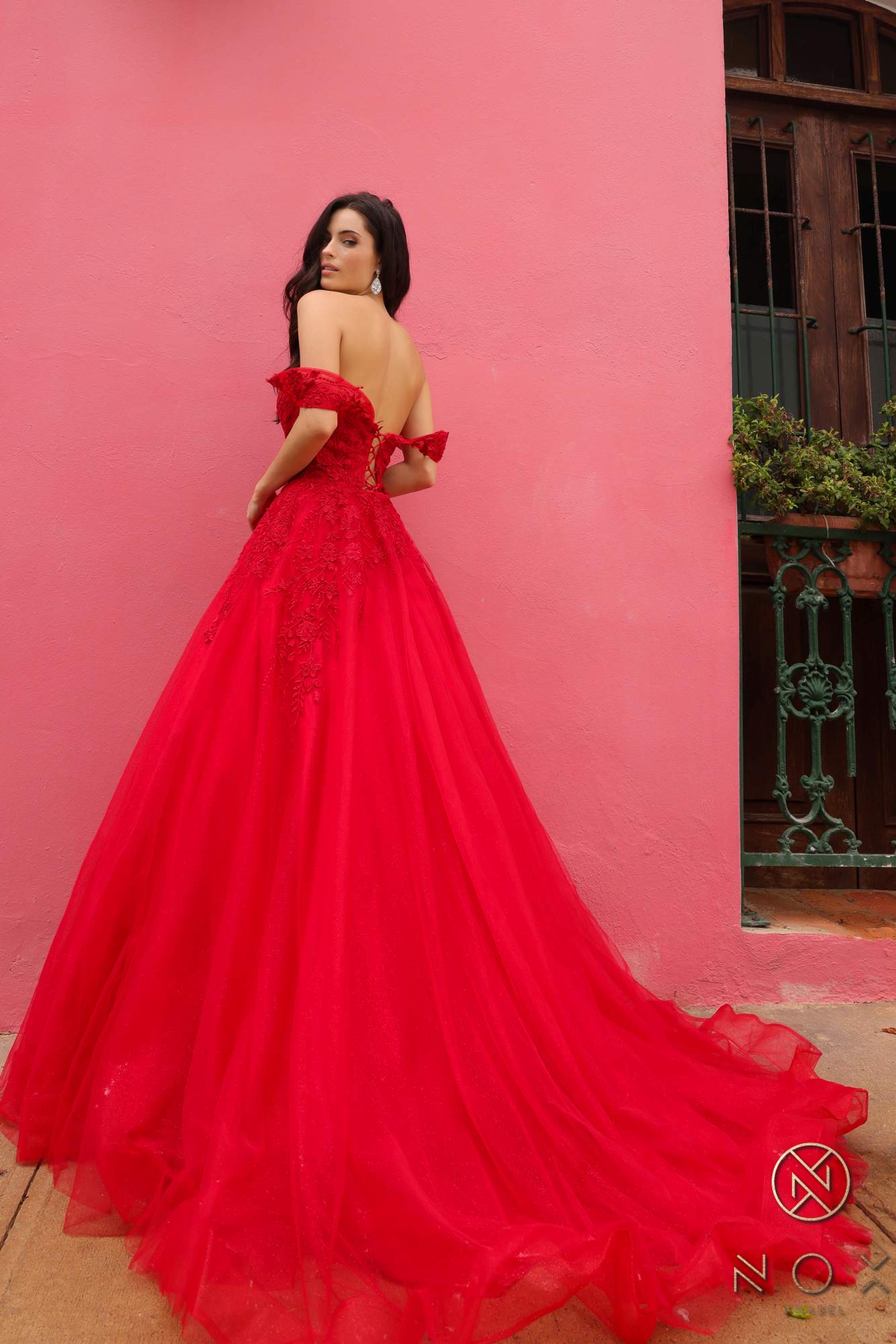 Nox Anabel R1303 Long Off the Shoulder Sweetheart Tulle A-Line Gown by DiscountDressShop