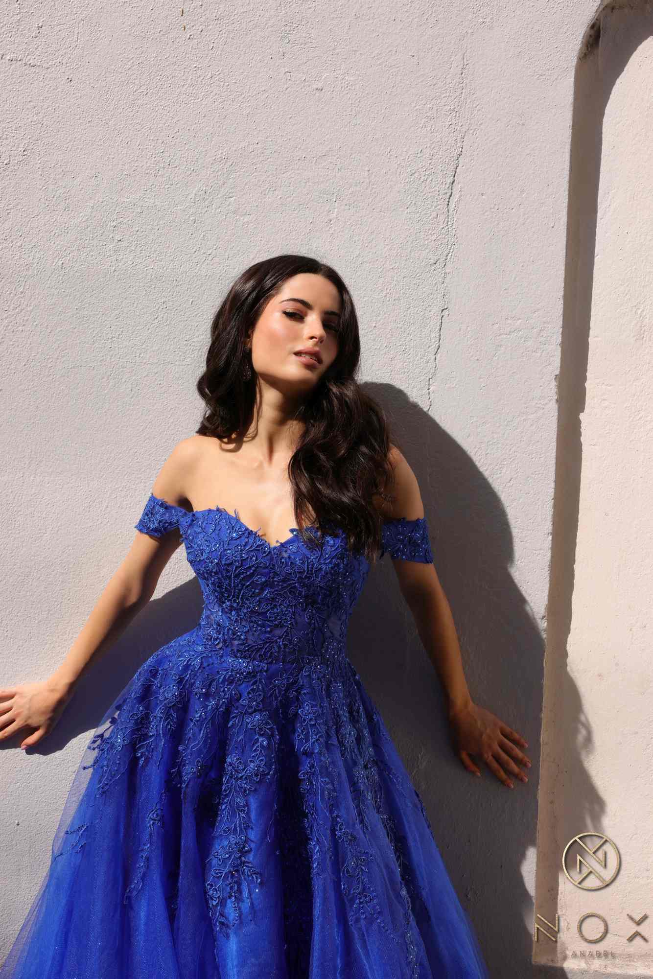 Nox Anabel R1303 Long Off the Shoulder Sweetheart Tulle A-Line Gown by DiscountDressShop