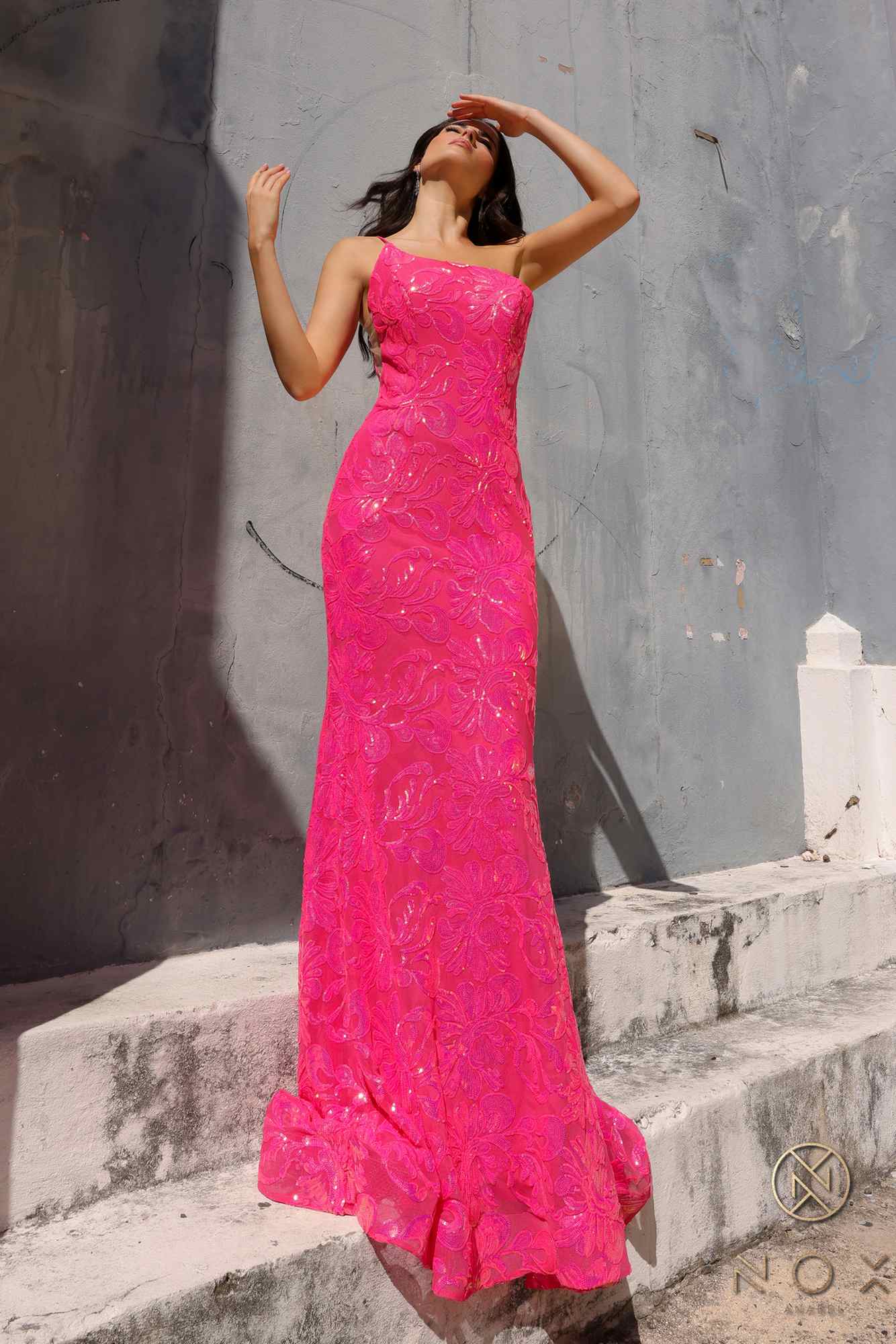 Nox Anabel R1308 Long Sequin Floral Print One Shoulder Mermaid Gown by DiscountDressShop