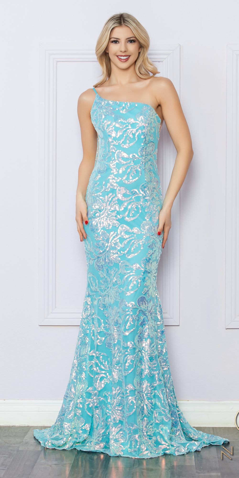 Nox Anabel R1308 Long Sequin Floral Print One Shoulder Mermaid Gown by DiscountDressShop