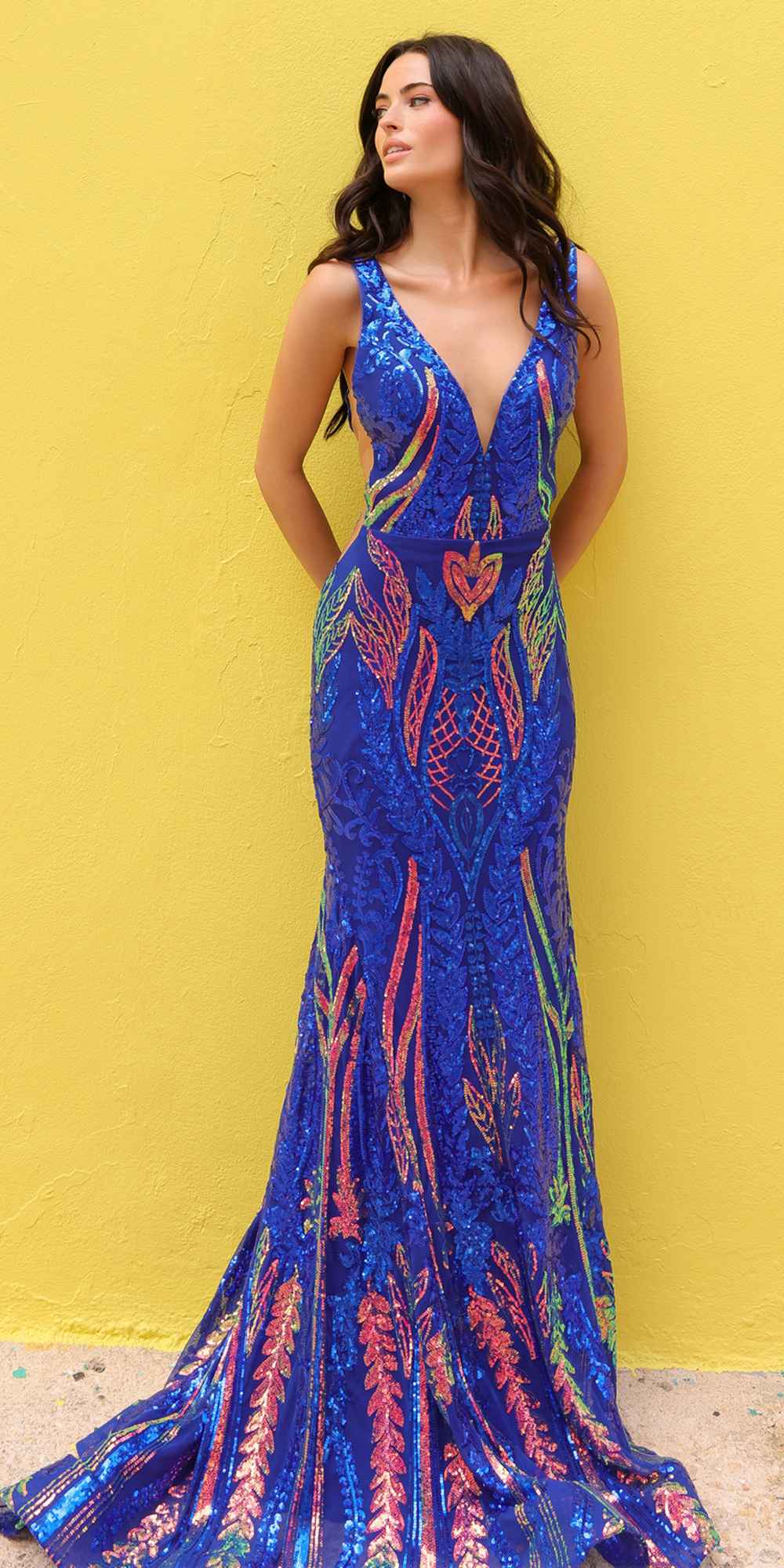 Nox Anabel R1402 Long Plunging V-Neck Fitted Sequin Print Gown by DiscountDressShop
