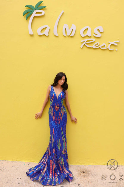 Nox Anabel R1402 Long Plunging V-Neck Fitted Sequin Print Gown by DiscountDressShop