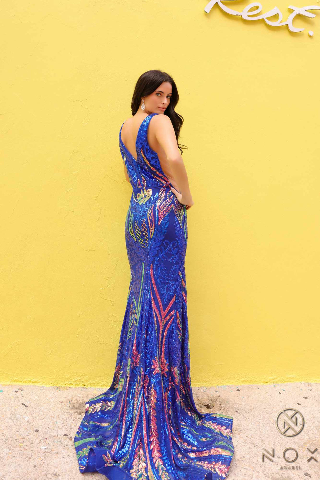 Nox Anabel R1402 Long Plunging V-Neck Fitted Sequin Print Gown by DiscountDressShop