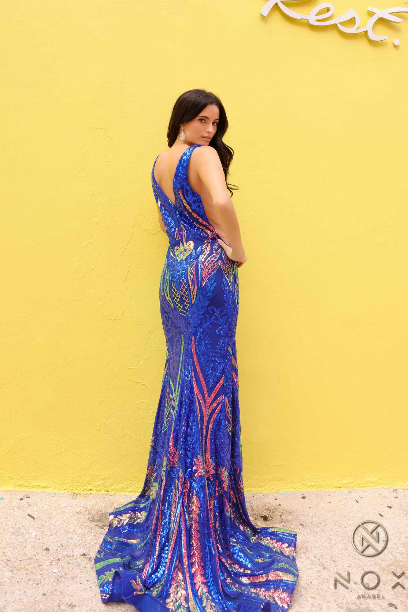 Nox Anabel R1402 Long Plunging V-Neck Fitted Sequin Print Gown by DiscountDressShop