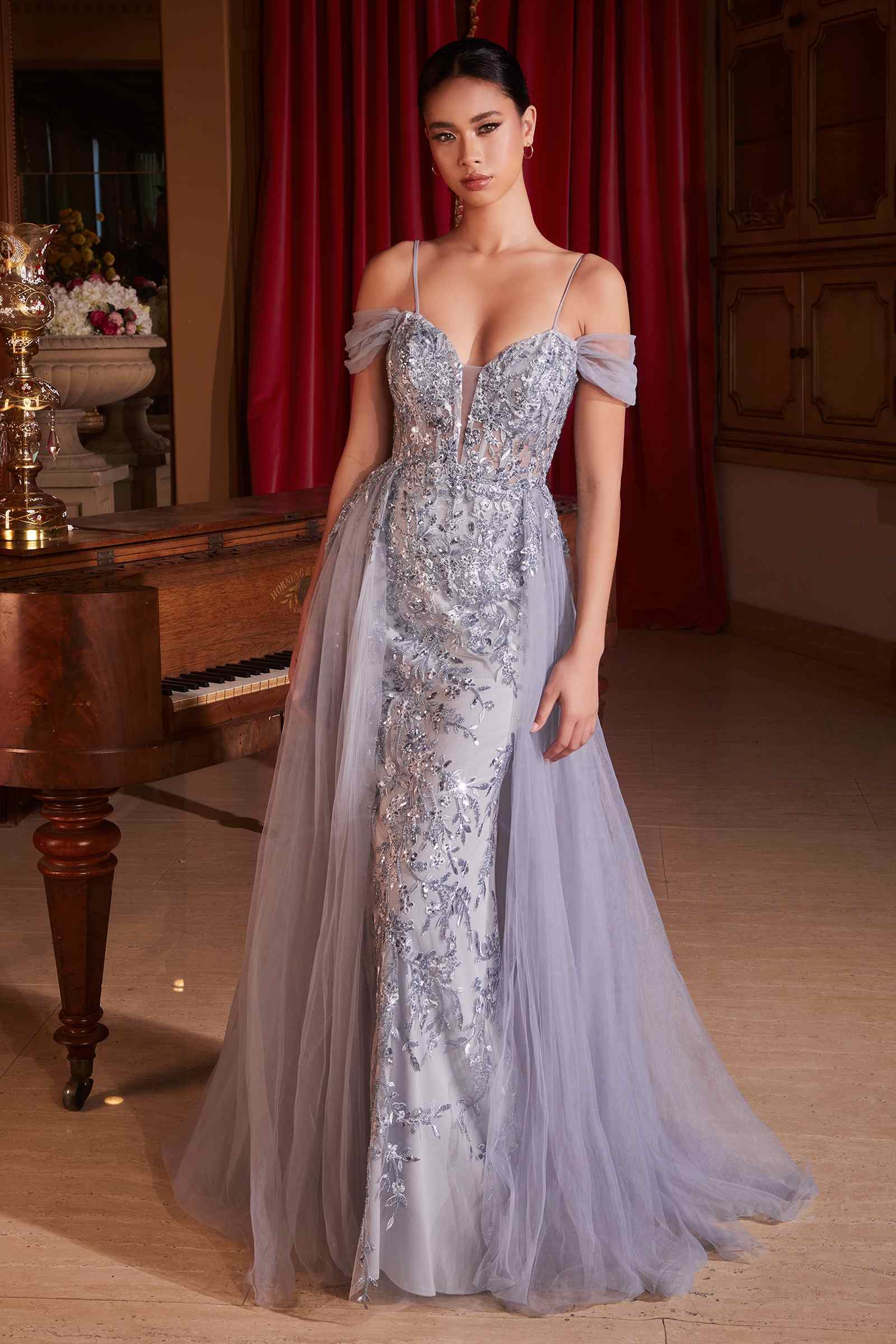 Ladivine SF009 Long Embellished Off The Shoulder Fitted Lace Gown by DiscountDressShop