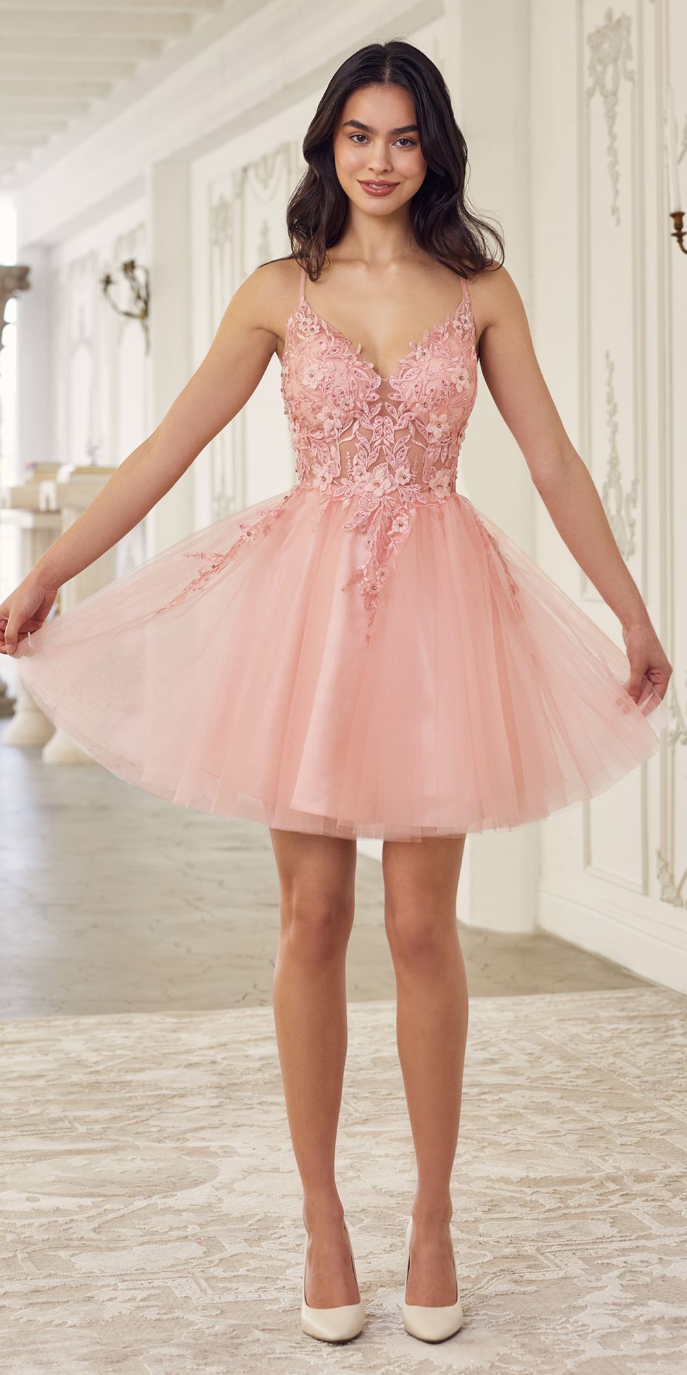 Ladivine SF047 Lace Bodice A-Line Layered Tulle Short Dress by DiscountDressShop