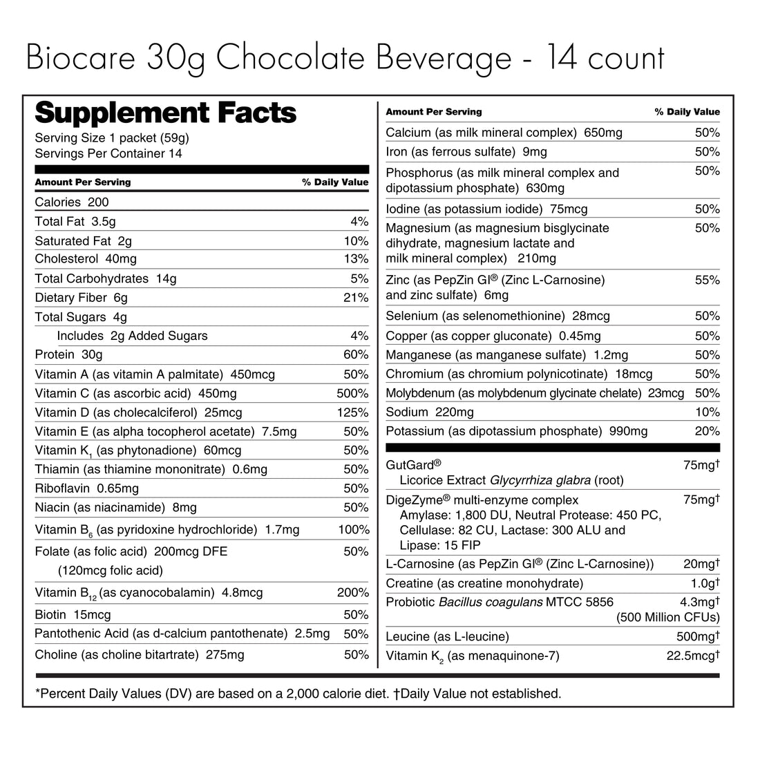 30G Protein Chocolate Biocare Dietary Beverage (14-Servings) by Biocare