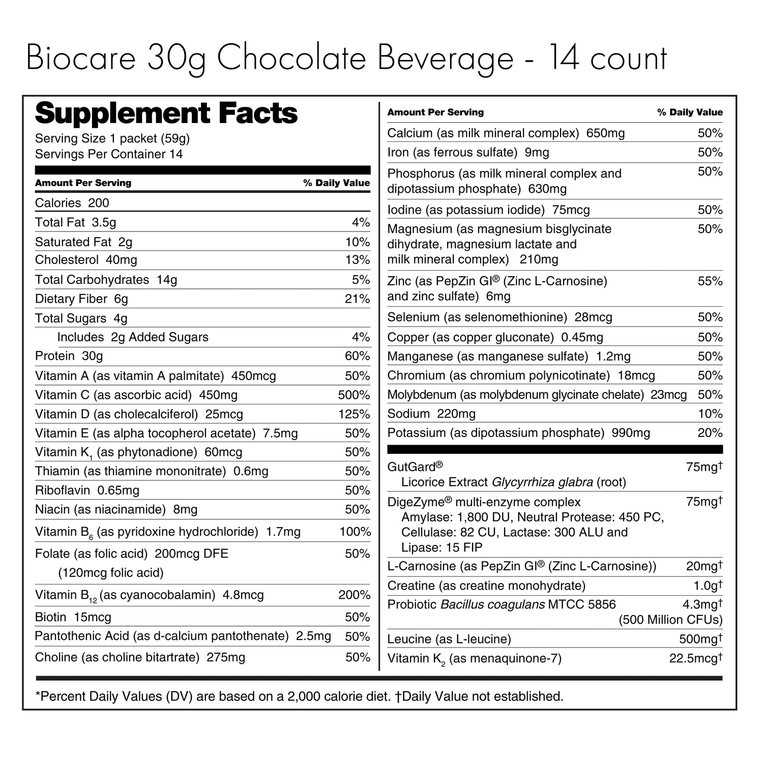 30G Protein Chocolate Biocare Dietary Beverage (14-Servings) by Biocare