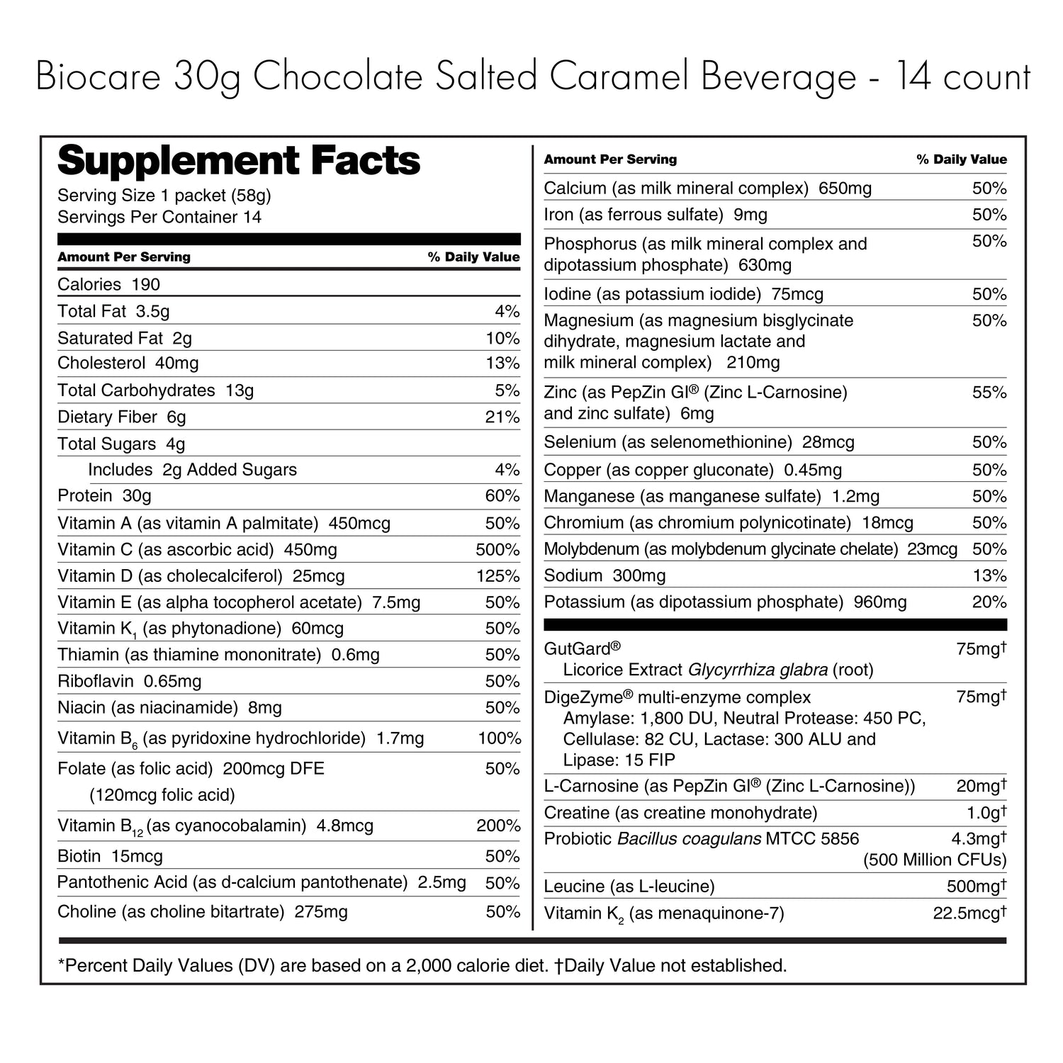 30G Protein Chocolate Salted Caramel Biocare Dietary Beverage (14 Servings) by Biocare