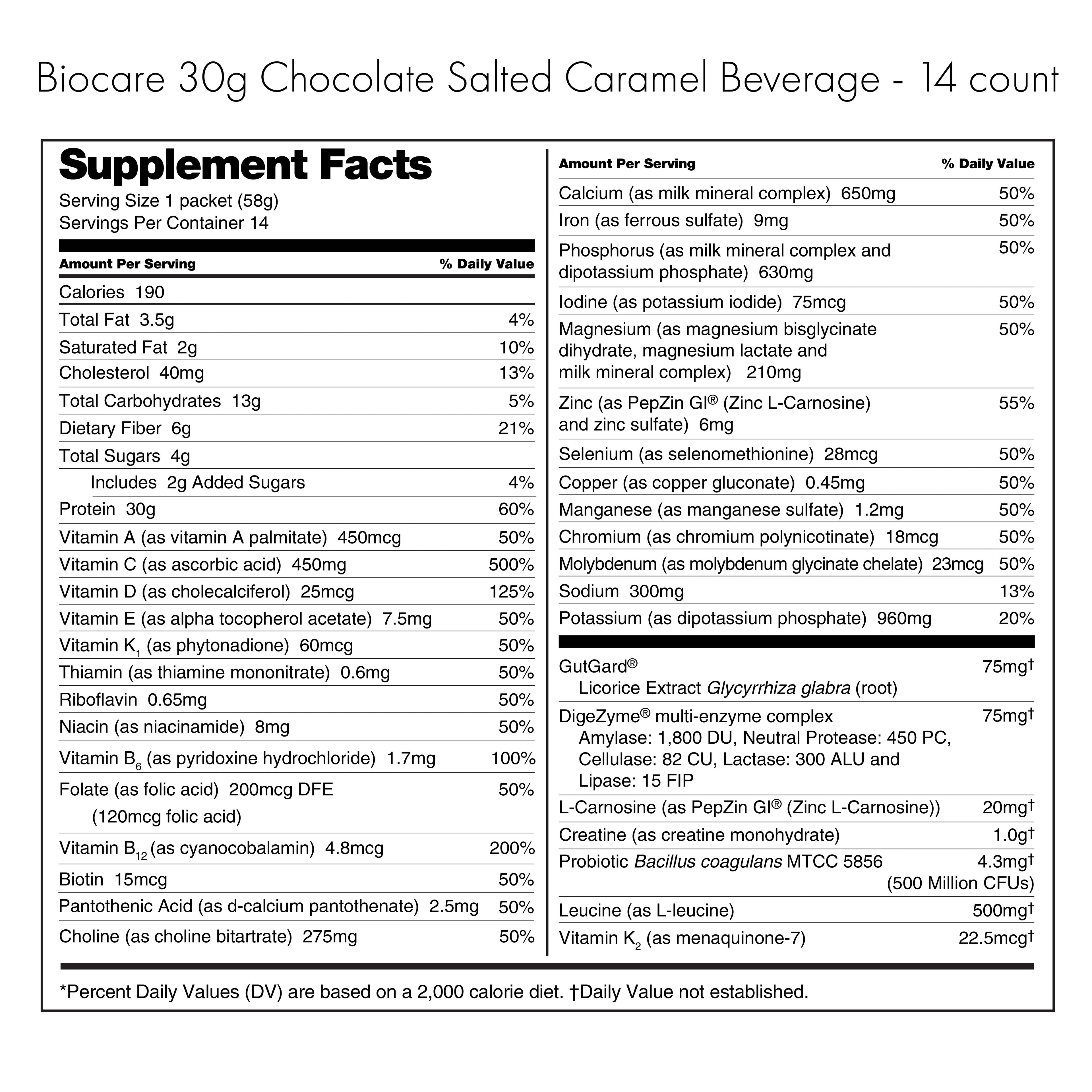 30G Protein Chocolate Salted Caramel Biocare Dietary Beverage (14 Servings) by Biocare