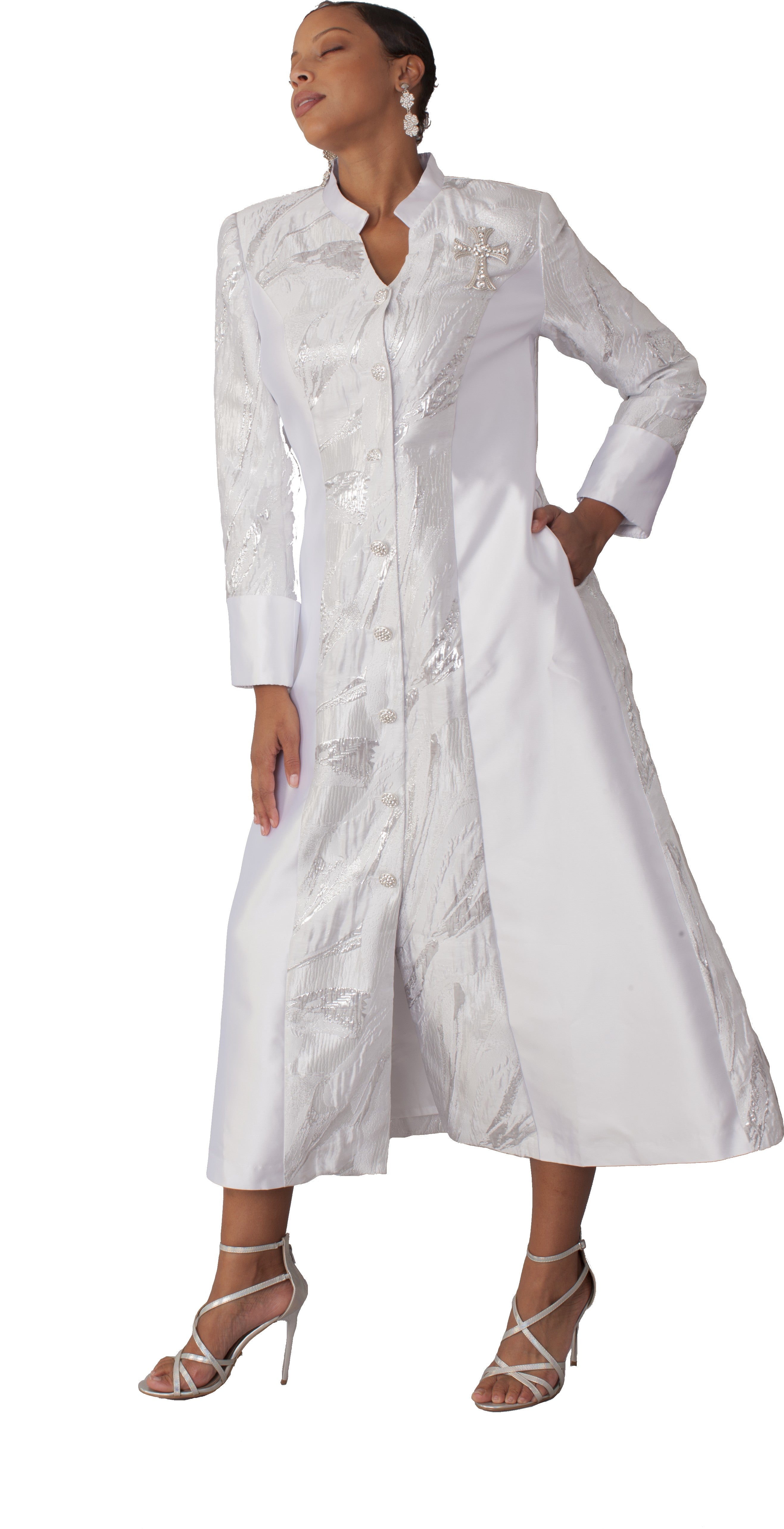 Plus Size Brocade Clergy Robe with Cross Brooch – 4821W by Tally Taylor