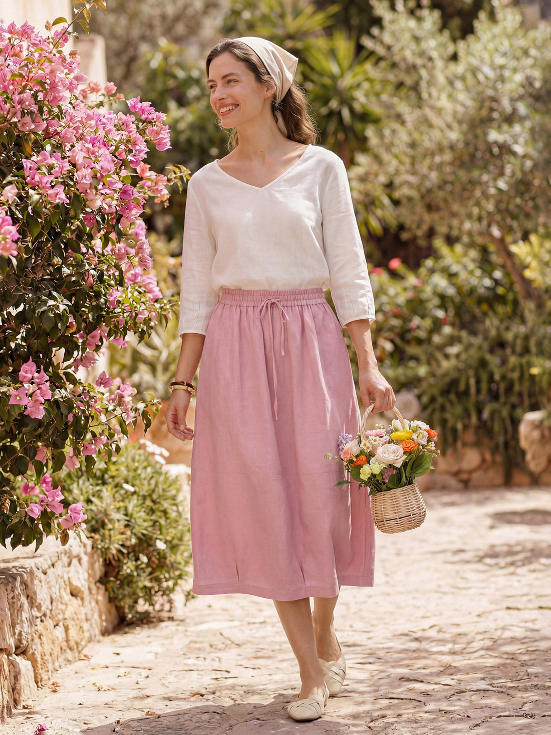 100% Linen Drawstring Lantern Maxi Skirt with Pockets ROXANNE by LINTICO