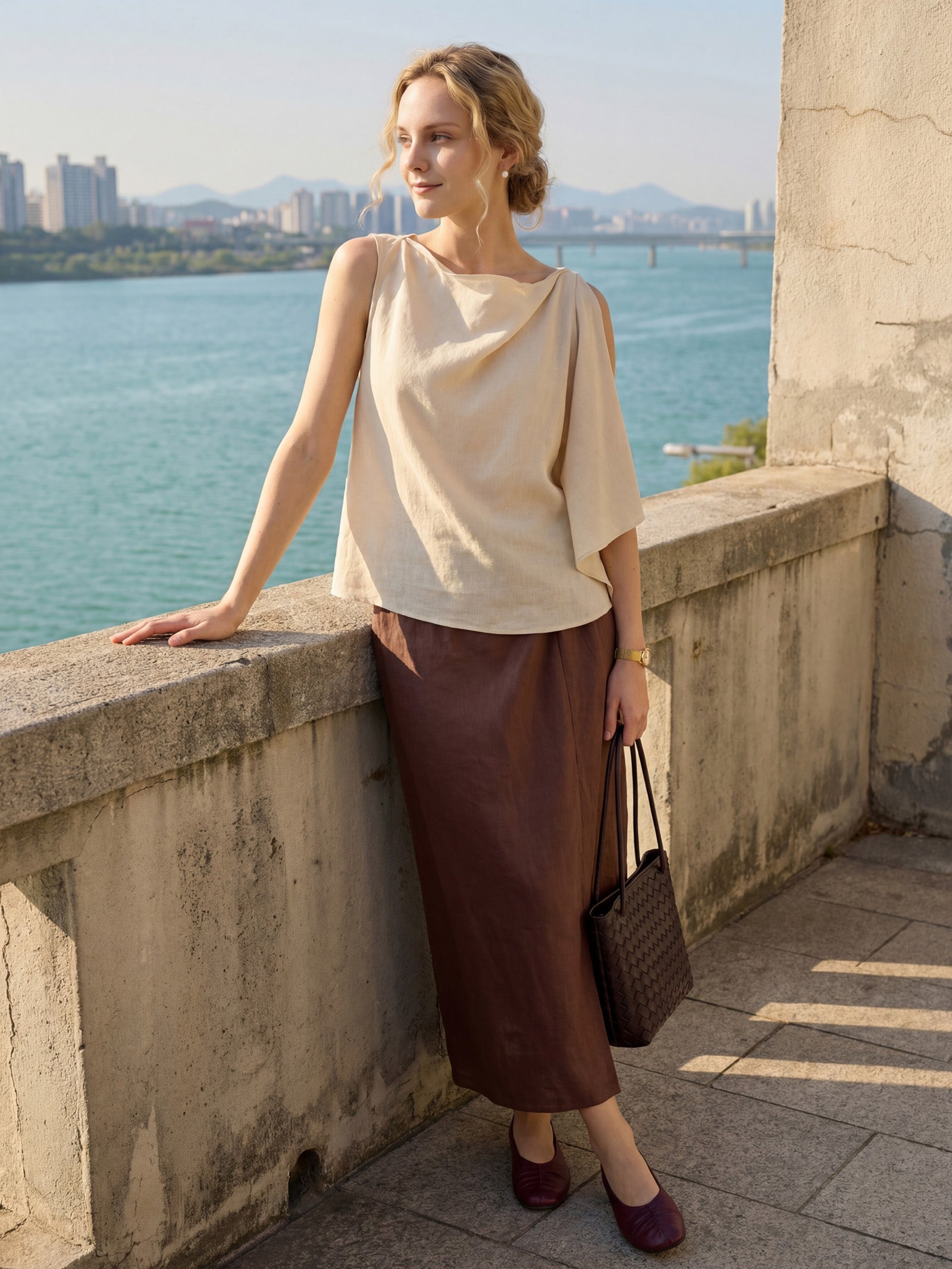 100% Linen Twist-Waist Slit Skirt LIVANA by LINTICO
