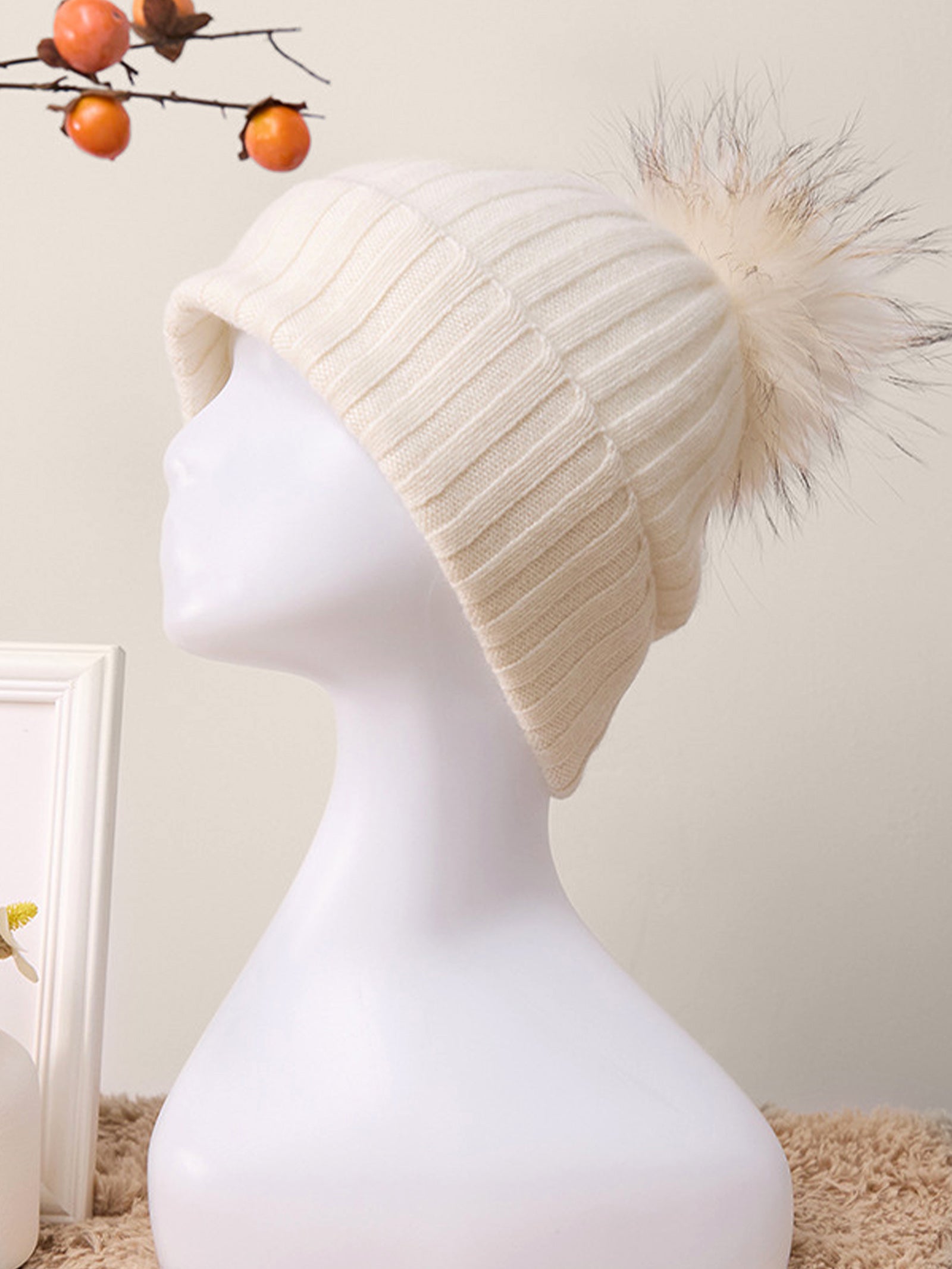 100% Cashmere Rib-Knit Slouchy Beanie With Pom-Pom by LINTICO