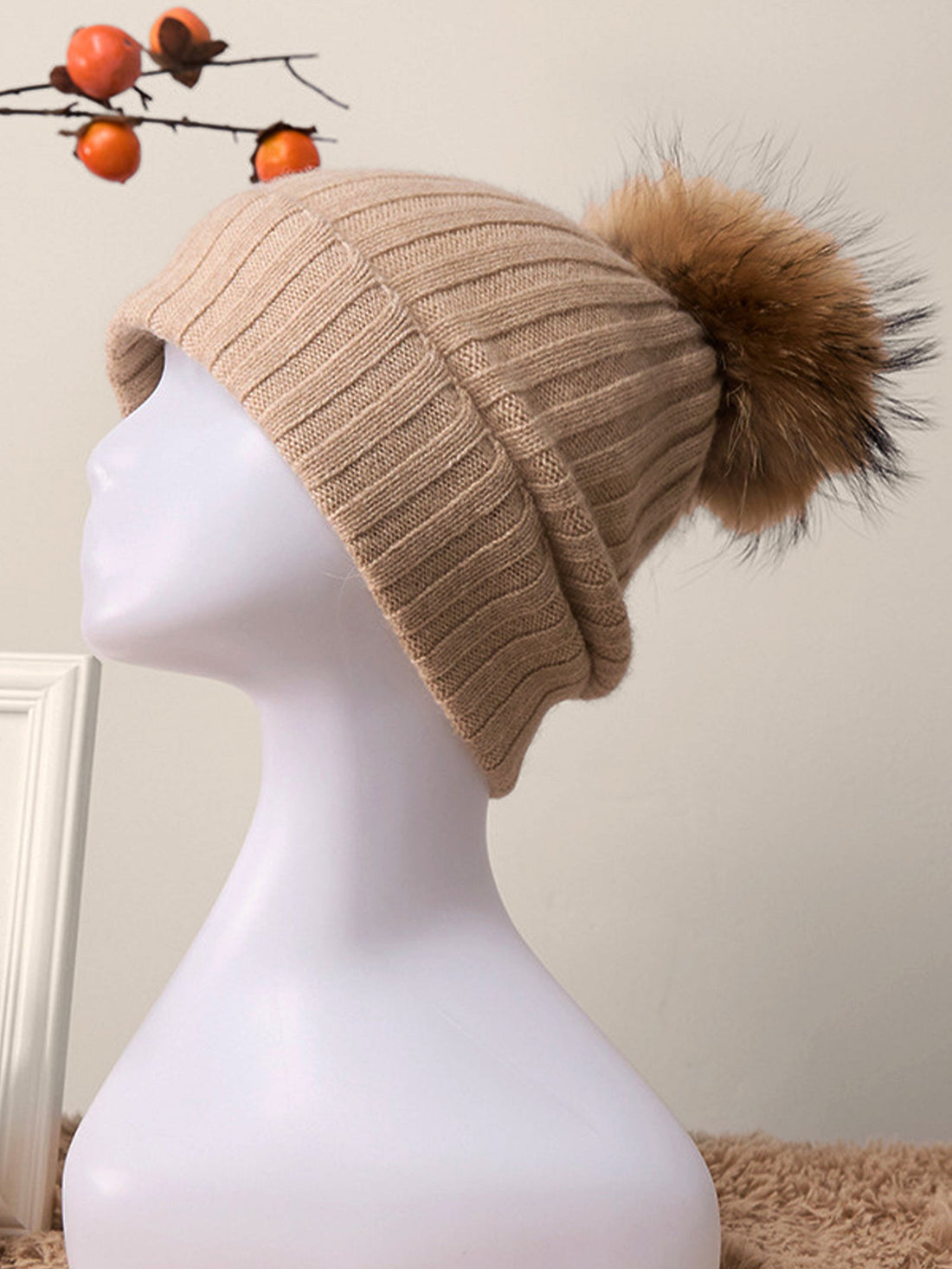 100% Cashmere Rib-Knit Slouchy Beanie With Pom-Pom by LINTICO
