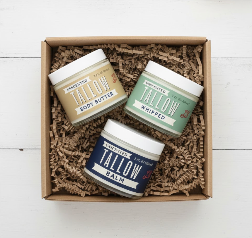 Unscented Tallow Skincare 9oz Trio - Whipped Moisturizer, Body Butter &amp; Balm | Lady May Tallow by The Lady May