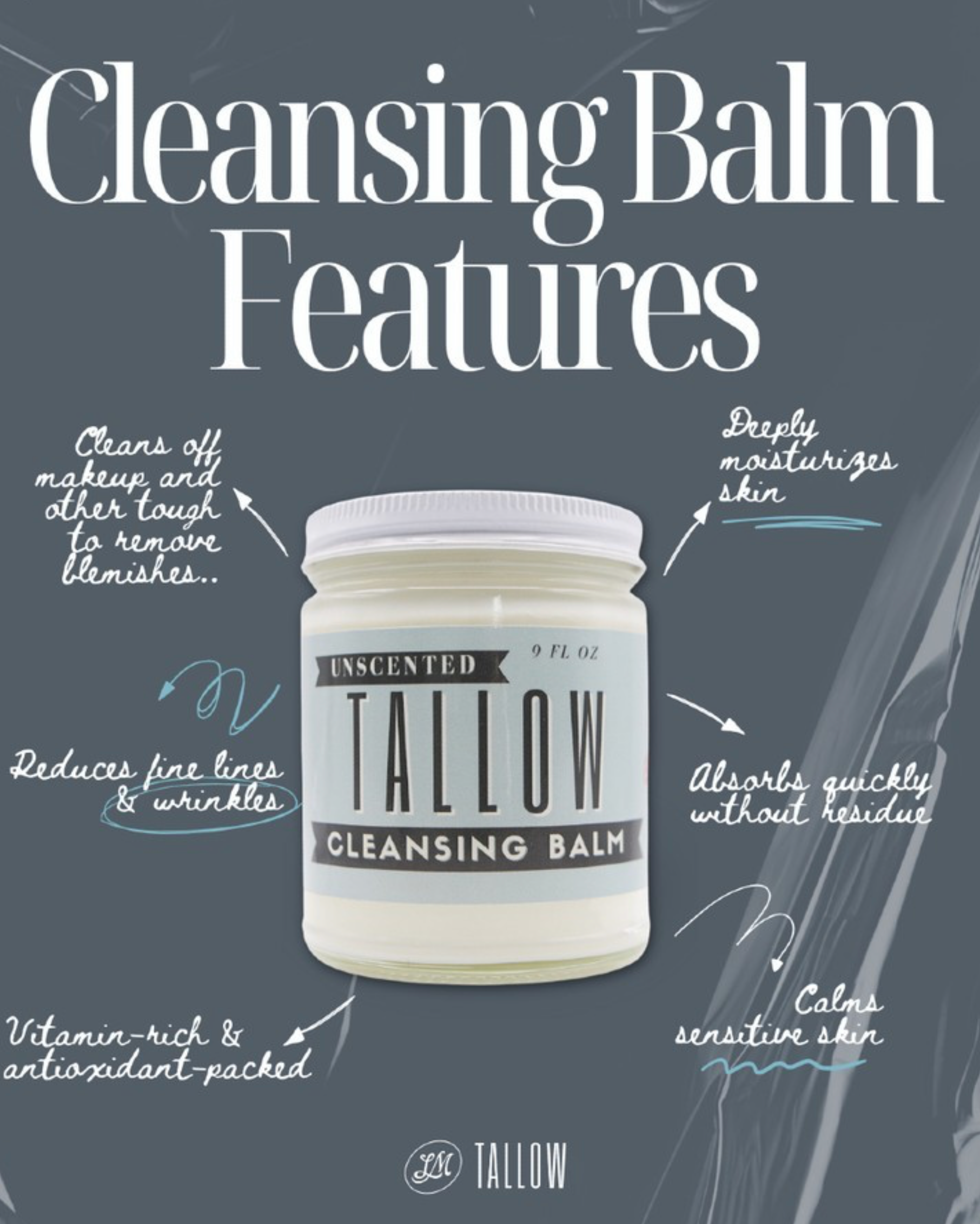 Unscented Tallow Cleansing Balm | Natural Makeup Remover &amp; Deep Moisturizing Cleanser | Grass-Fed Beef Tallow with Castor Oil by The Lady May