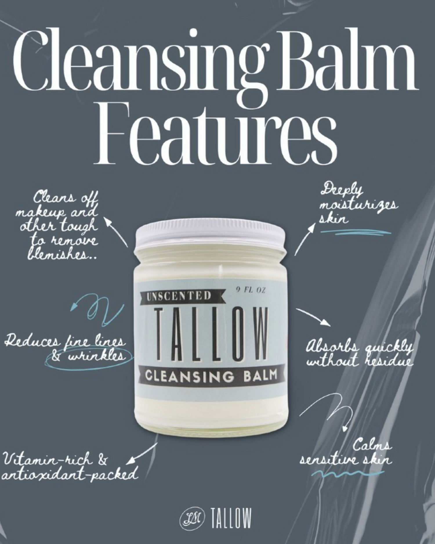 Unscented Tallow Cleansing Balm | Natural Makeup Remover &amp; Deep Moisturizing Cleanser | Grass-Fed Beef Tallow with Castor Oil by Lady May Tallow