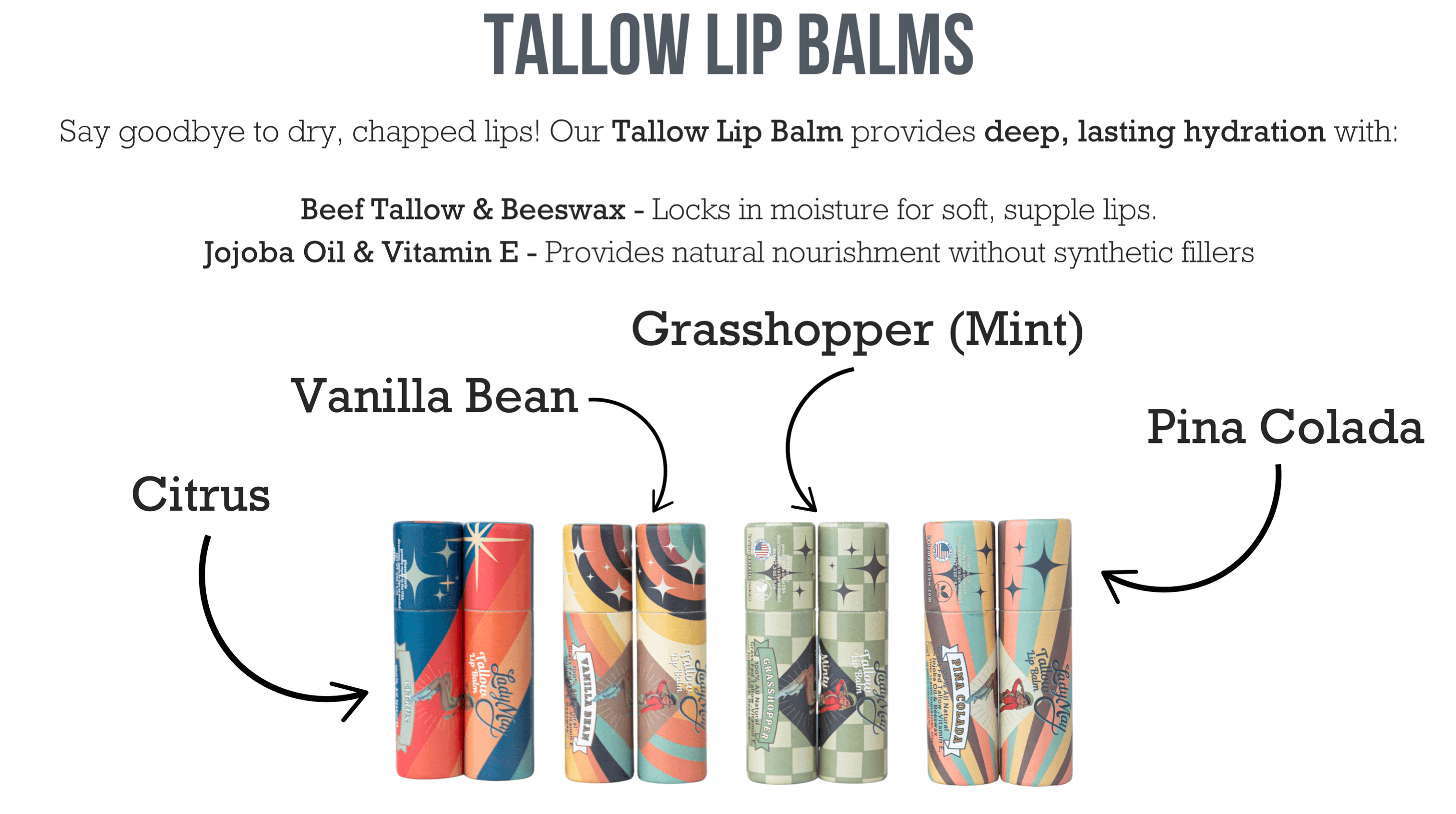 Tallow Lip Balm - CHOOSE A FLAVOR - Natural Beef Tallow Lip Moisturizer with Beeswax &amp; Jojoba Oil by Lady May Tallow