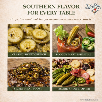 Lady May Pickle Trio Gift Set – 3 Pack Bundle (24oz Jars) – Bread &amp; Butter Sweet Pickles, Sweet &amp; Spicy Pickled Okra, Candied Jalapeños – Small Batch Southern Style – Restaurant Made Gourmet Pickles by The Lady May