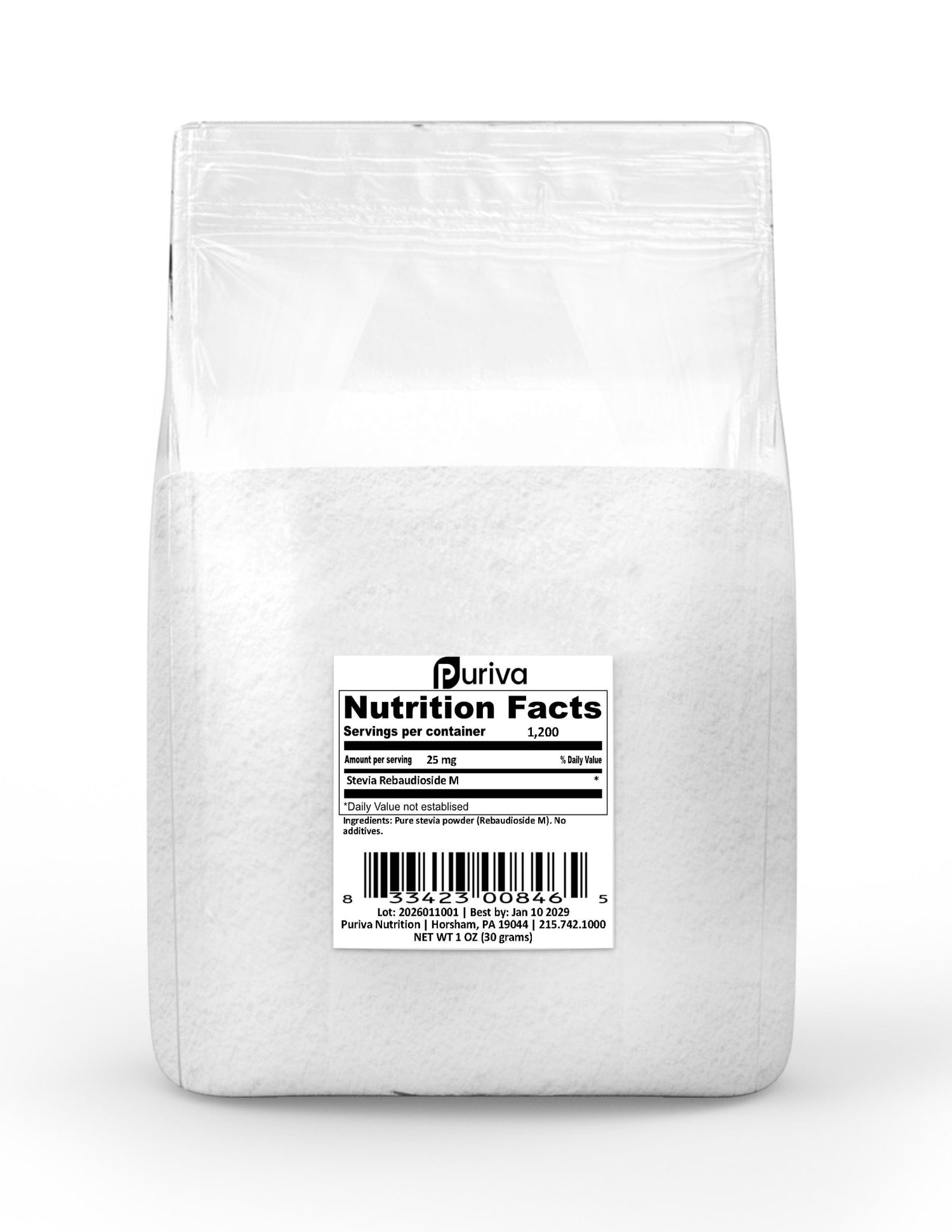 Stevia Reb M powder, (Reb-M | Rebaudioside M), 30 grams | 1,000 servings, Puriva Nutrition by Puriva Nutrition