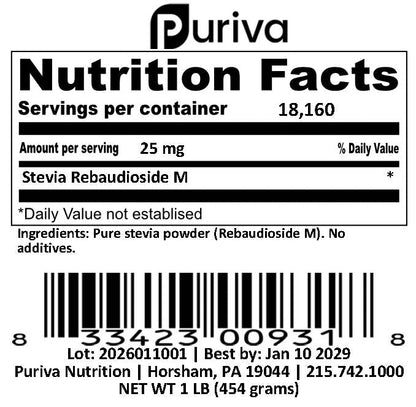 Stevia Reb M powder, (Reb-M | Rebaudioside M), 1 pound | 454 grams, Puriva Nutrition by Puriva Nutrition