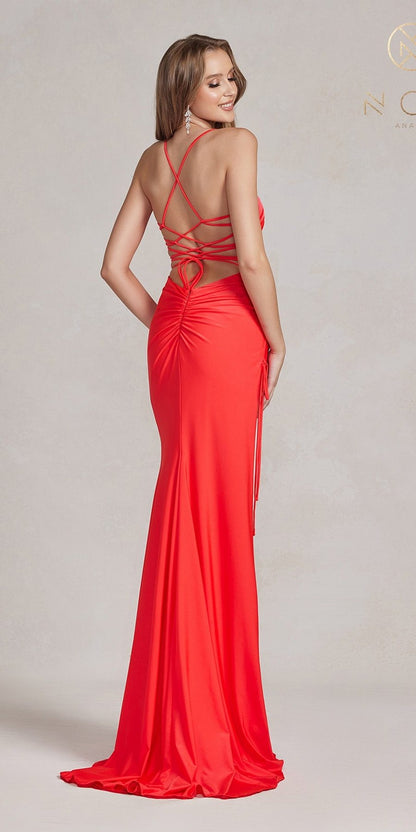 Nox Anabel T1140 Long Sheath Dress with High Leg Slit and Strappy Back by DiscountDressShop