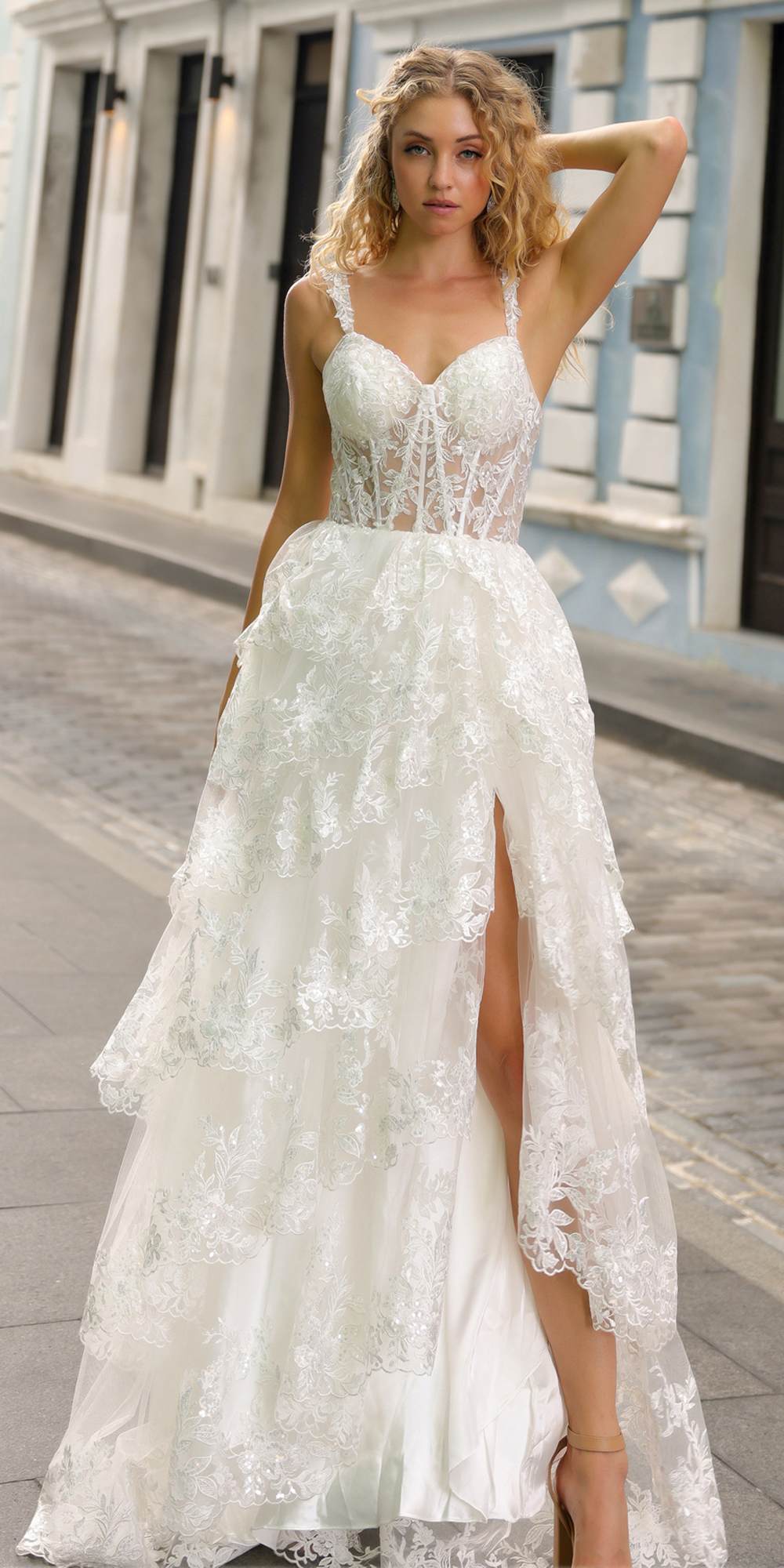 Nox Anabel T1335 Long A-Line Tiered Skirt Lace Applique Sweetheart Dress by DiscountDressShop