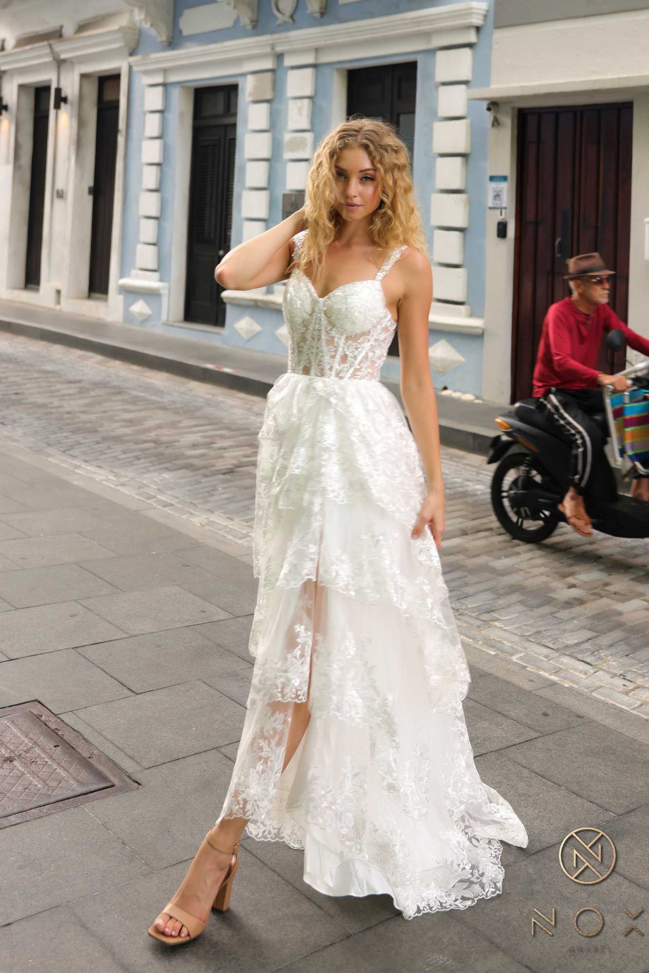 Nox Anabel T1335 Long A-Line Tiered Skirt Lace Applique Sweetheart Dress by DiscountDressShop