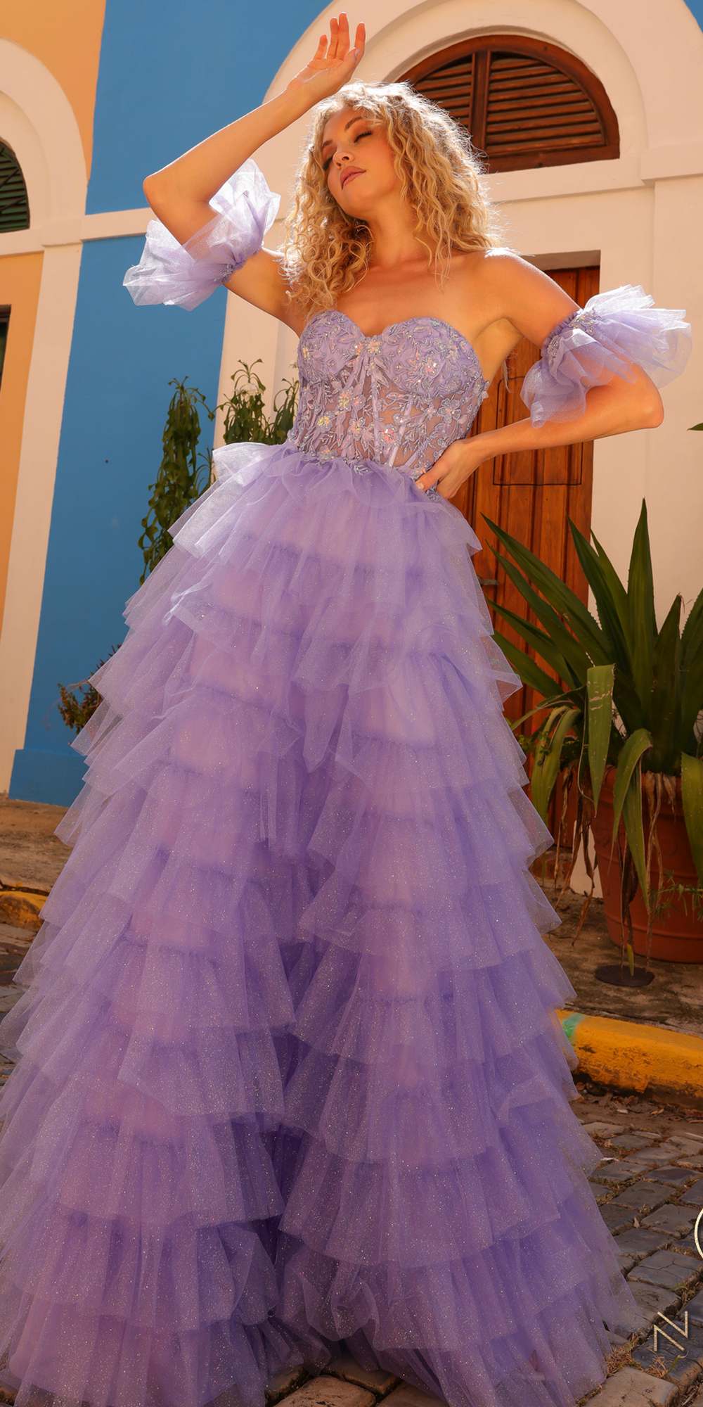 Nox Anabel T1338 Long Ruffled Tiered Skirt A-Line Ball Gown Arm Cuffs by DiscountDressShop