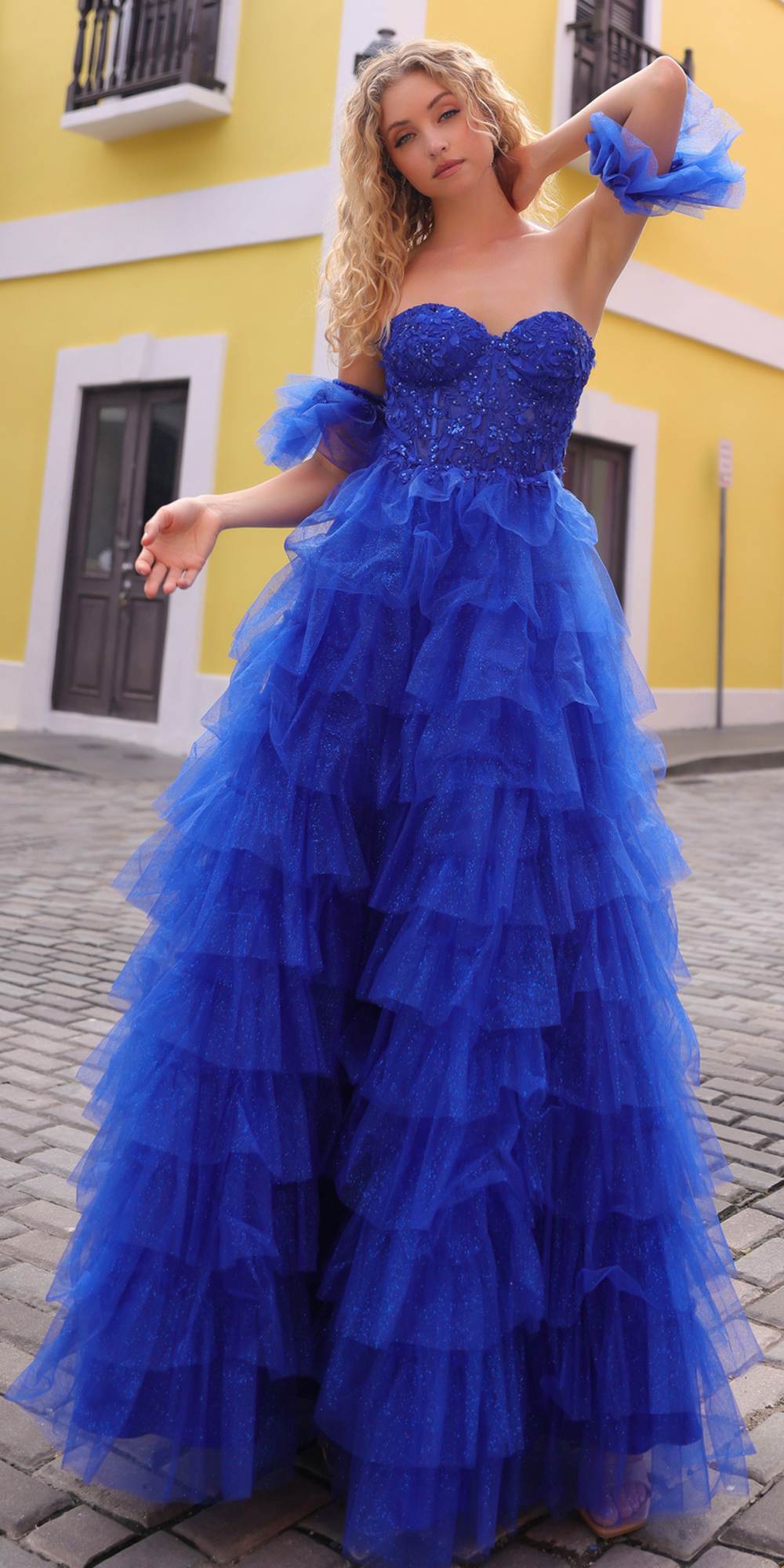 Nox Anabel T1338 Long Ruffled Tiered Skirt A-Line Ball Gown Arm Cuffs by DiscountDressShop