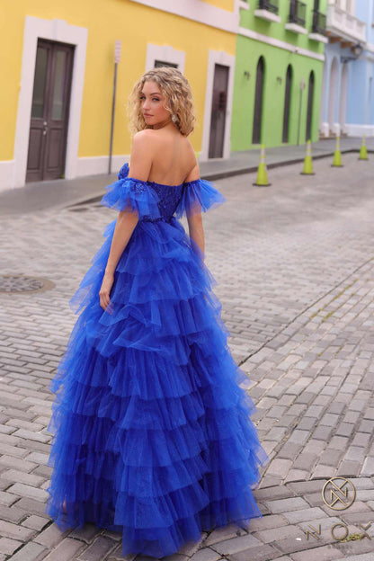 Nox Anabel T1338 Long Ruffled Tiered Skirt A-Line Ball Gown Arm Cuffs by DiscountDressShop