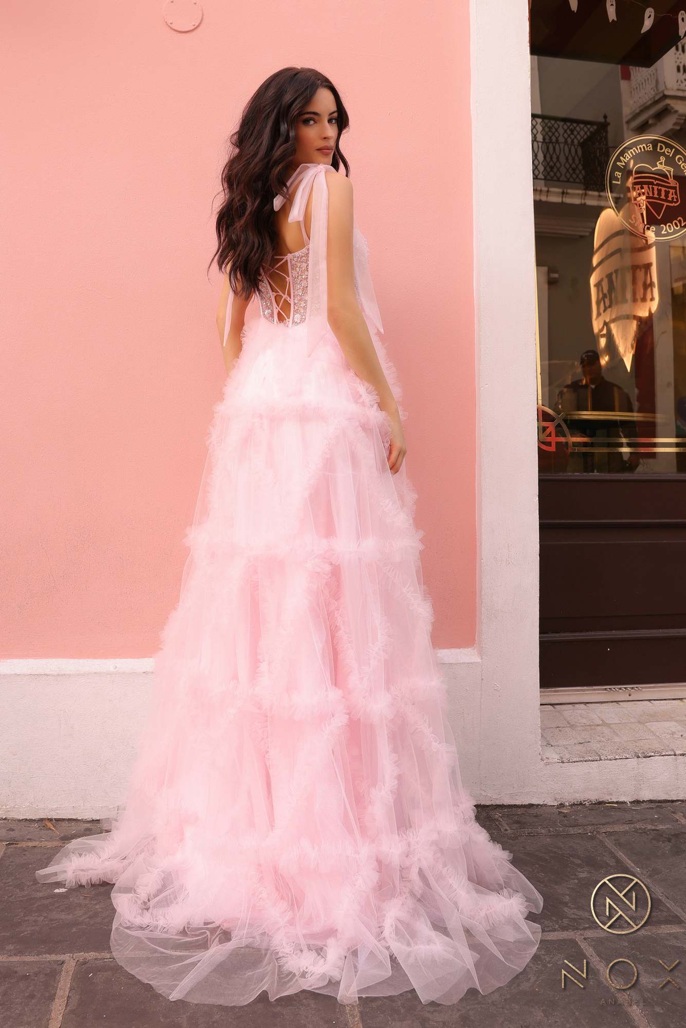 Nox Anabel T1340 Long Ruffled Skirt Boned Bustier Ribbon Strap A-Line Gown by DiscountDressShop