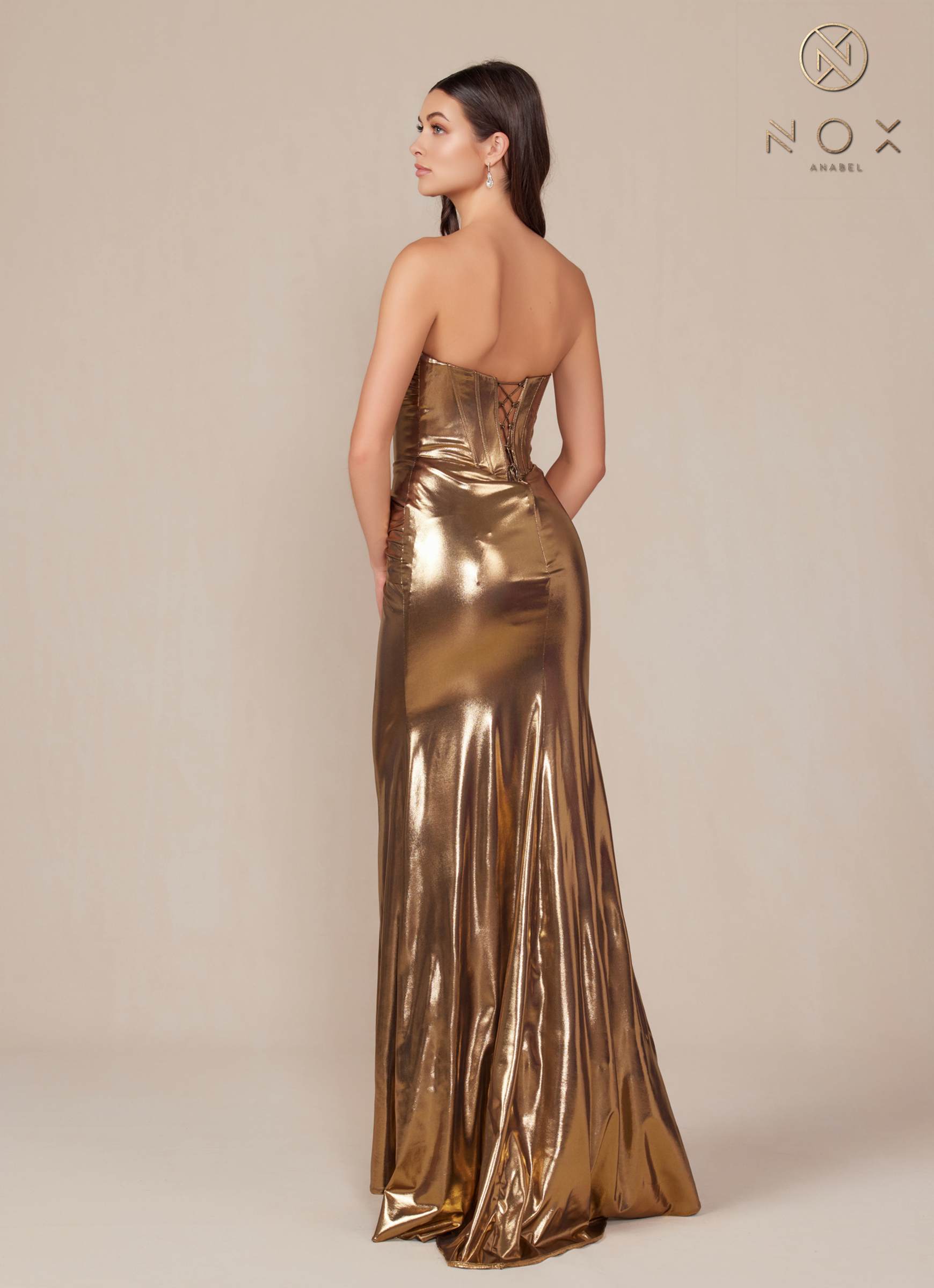 Nox Anabel T1499 Dress Strapless Metallic Satin Fitted Gown by DiscountDressShop
