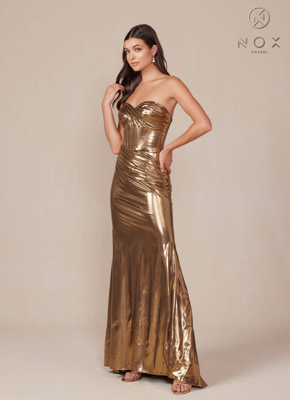 Nox Anabel T1499 Dress Strapless Metallic Satin Fitted Gown by DiscountDressShop