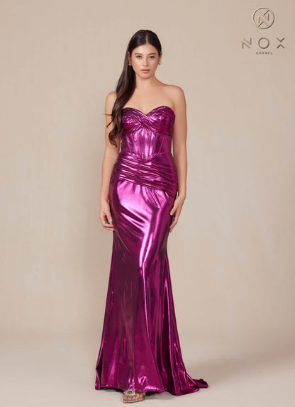 Nox Anabel T1499 Dress Strapless Metallic Satin Fitted Gown by DiscountDressShop