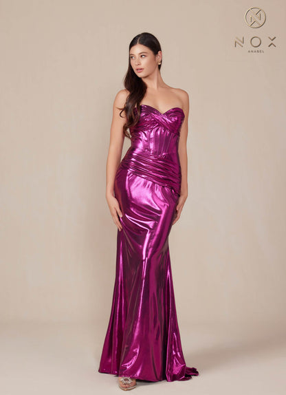 Nox Anabel T1499 Dress Strapless Metallic Satin Fitted Gown by DiscountDressShop