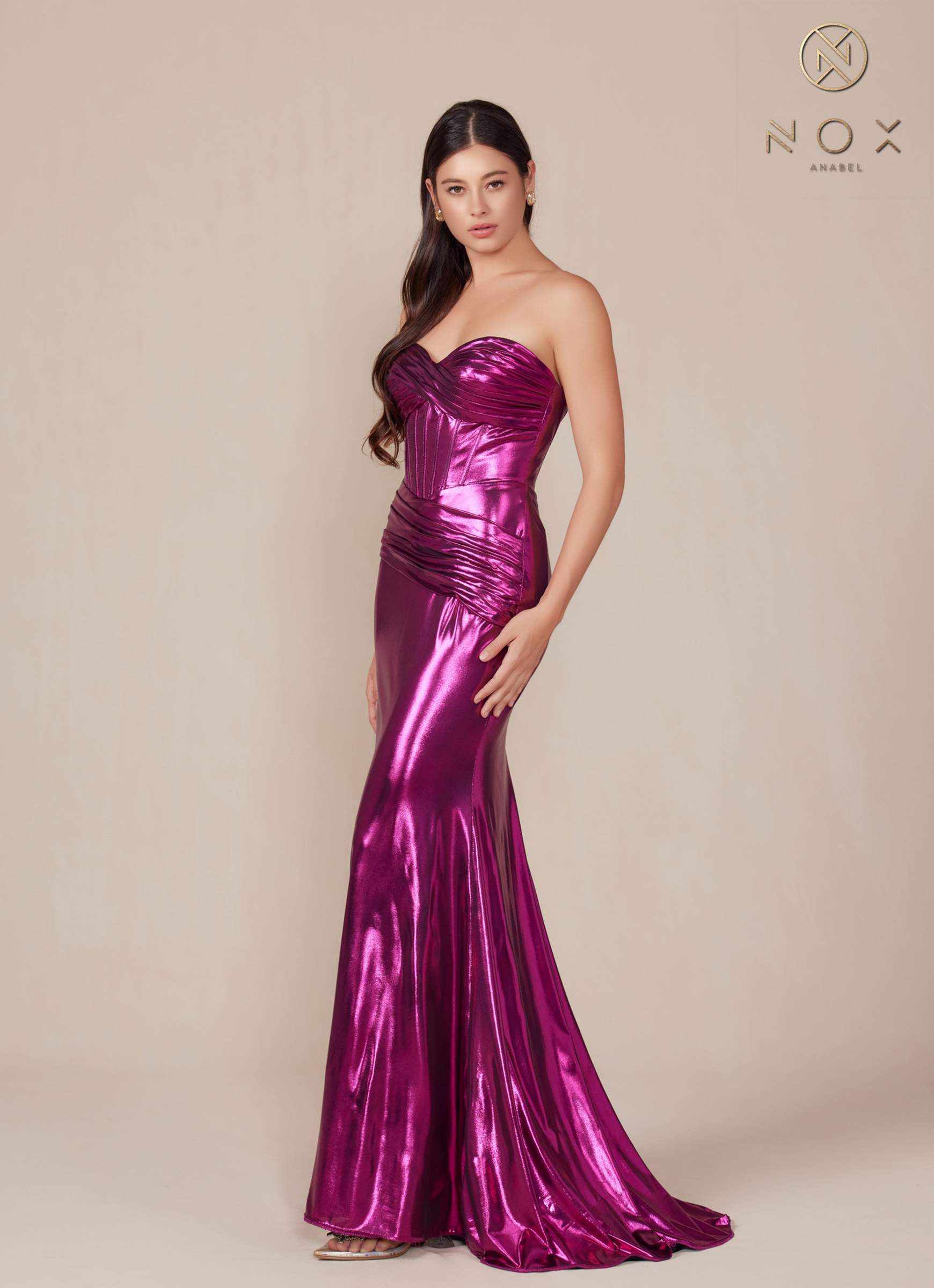 Nox Anabel T1499 Dress Strapless Metallic Satin Fitted Gown by DiscountDressShop