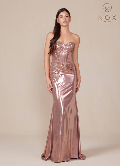 Nox Anabel T1499 Dress Strapless Metallic Satin Fitted Gown by DiscountDressShop