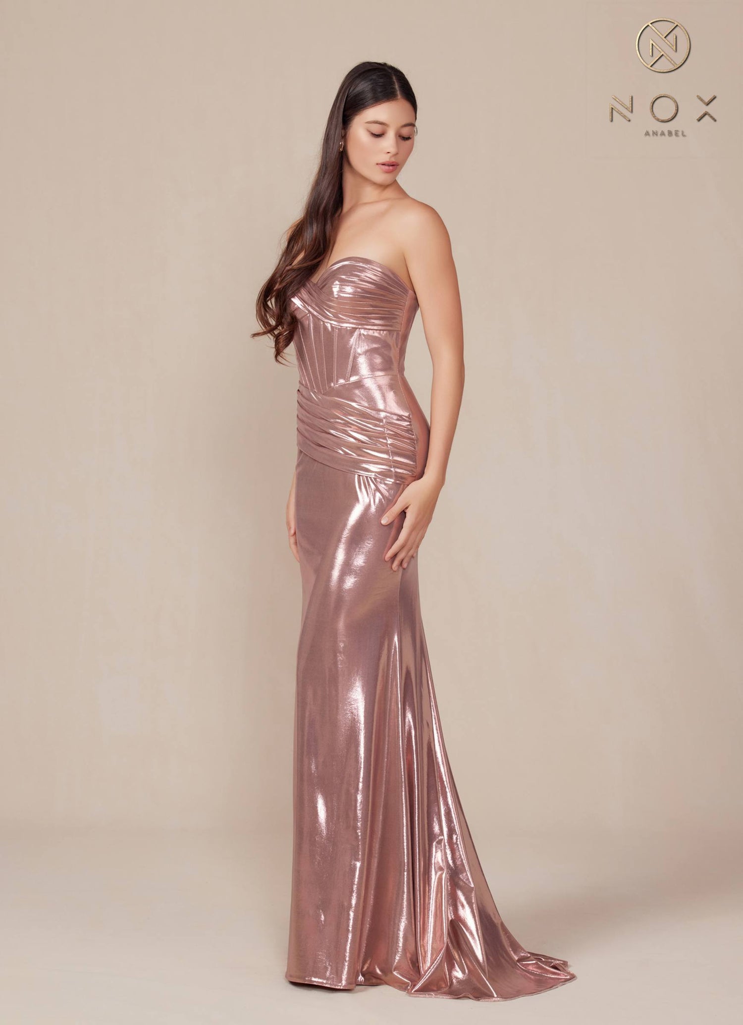 Nox Anabel T1499 Dress Strapless Metallic Satin Fitted Gown by DiscountDressShop