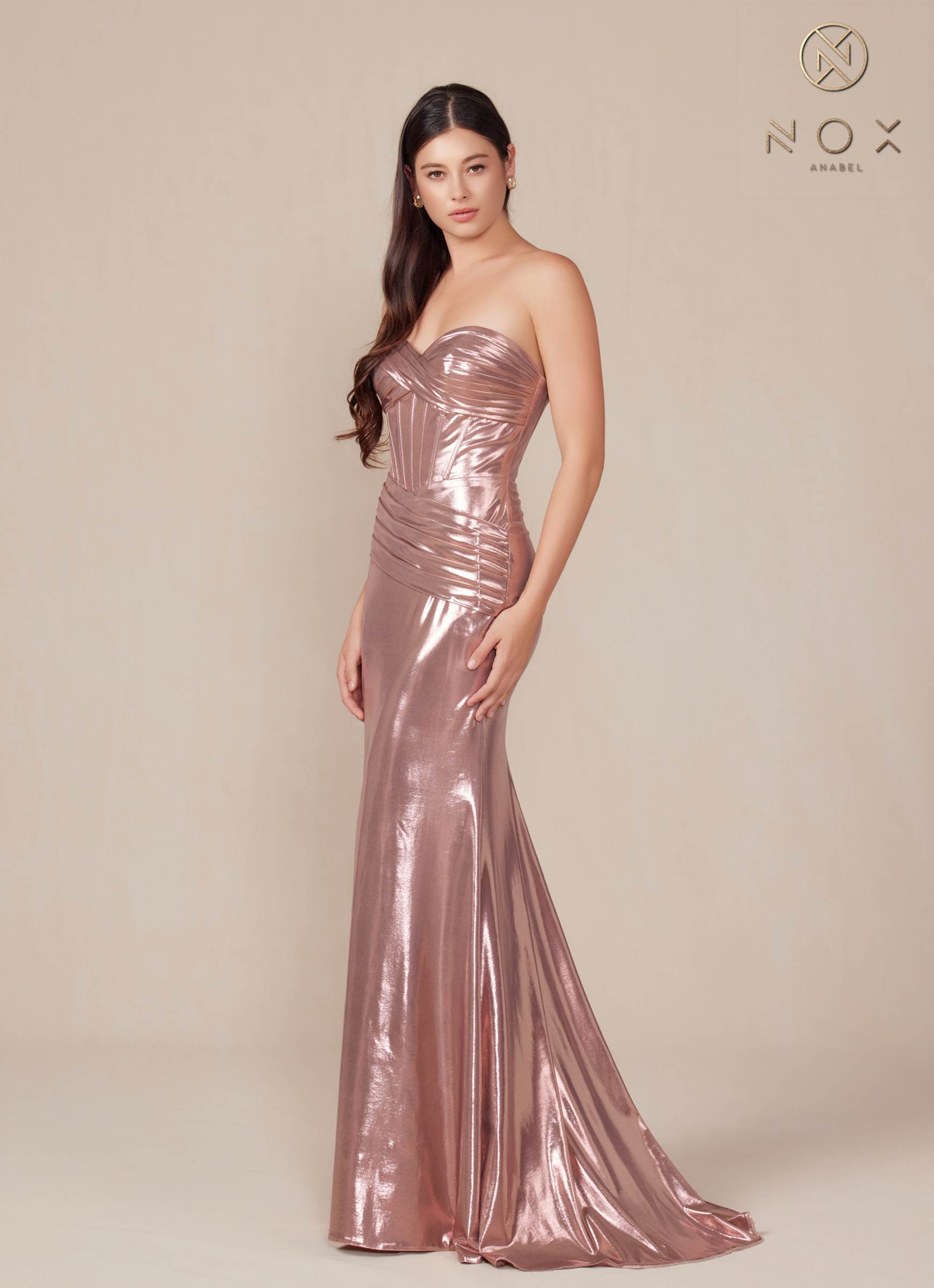Nox Anabel T1499 Dress Strapless Metallic Satin Fitted Gown by DiscountDressShop
