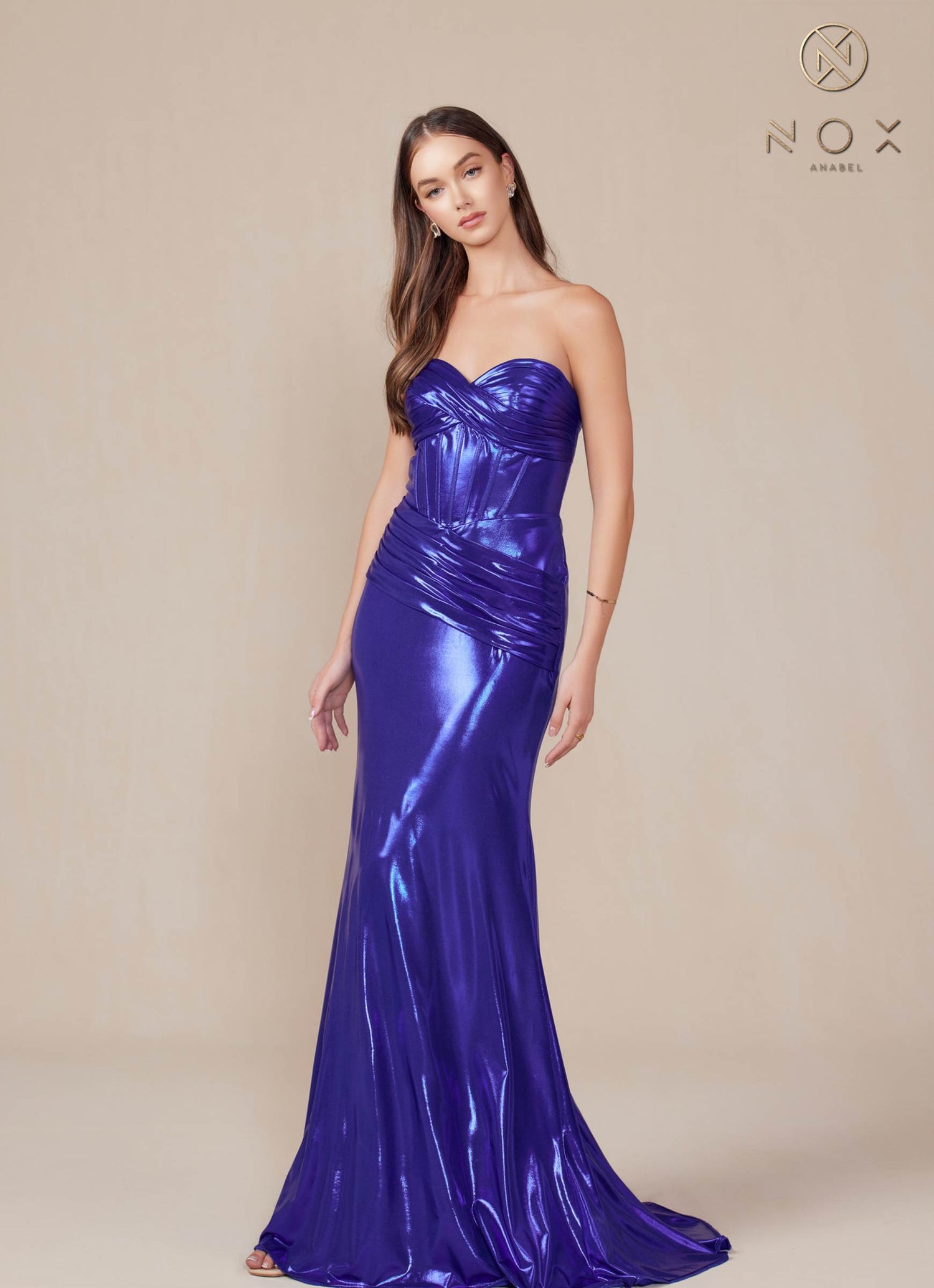 Nox Anabel T1499 Dress Strapless Metallic Satin Fitted Gown by DiscountDressShop