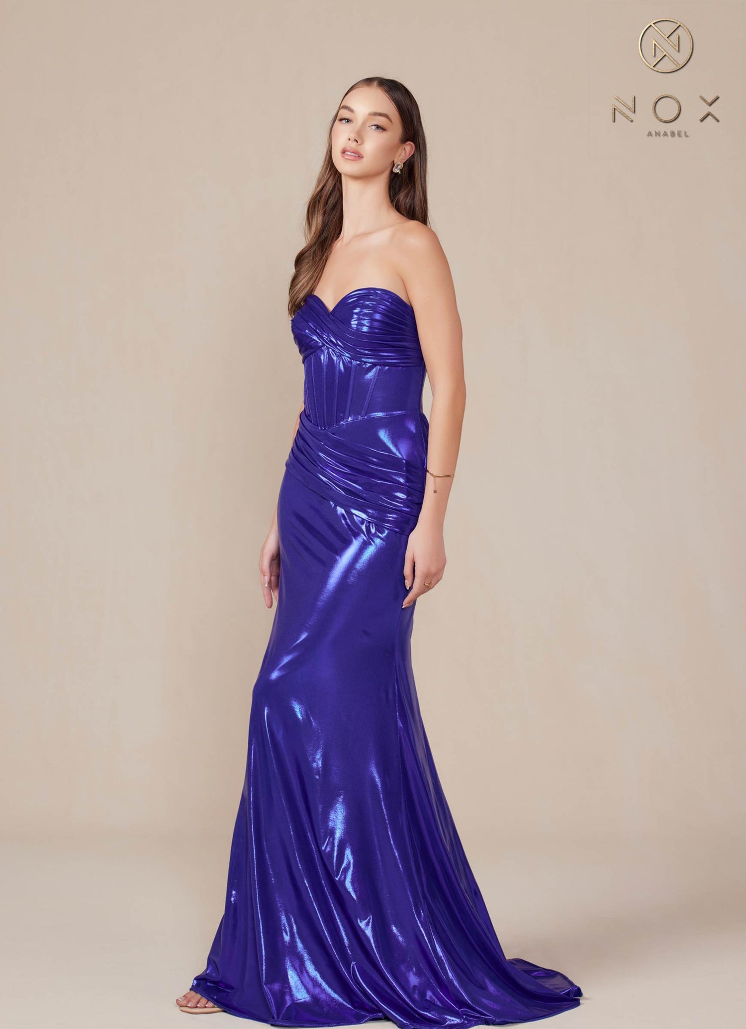 Nox Anabel T1499 Dress Strapless Metallic Satin Fitted Gown by DiscountDressShop