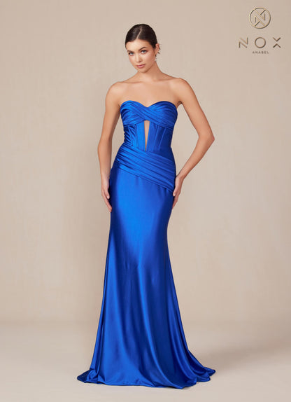 Nox Anabel T1500 Dress Satin Strapless Floor Length Keyhole Bodice by DiscountDressShop